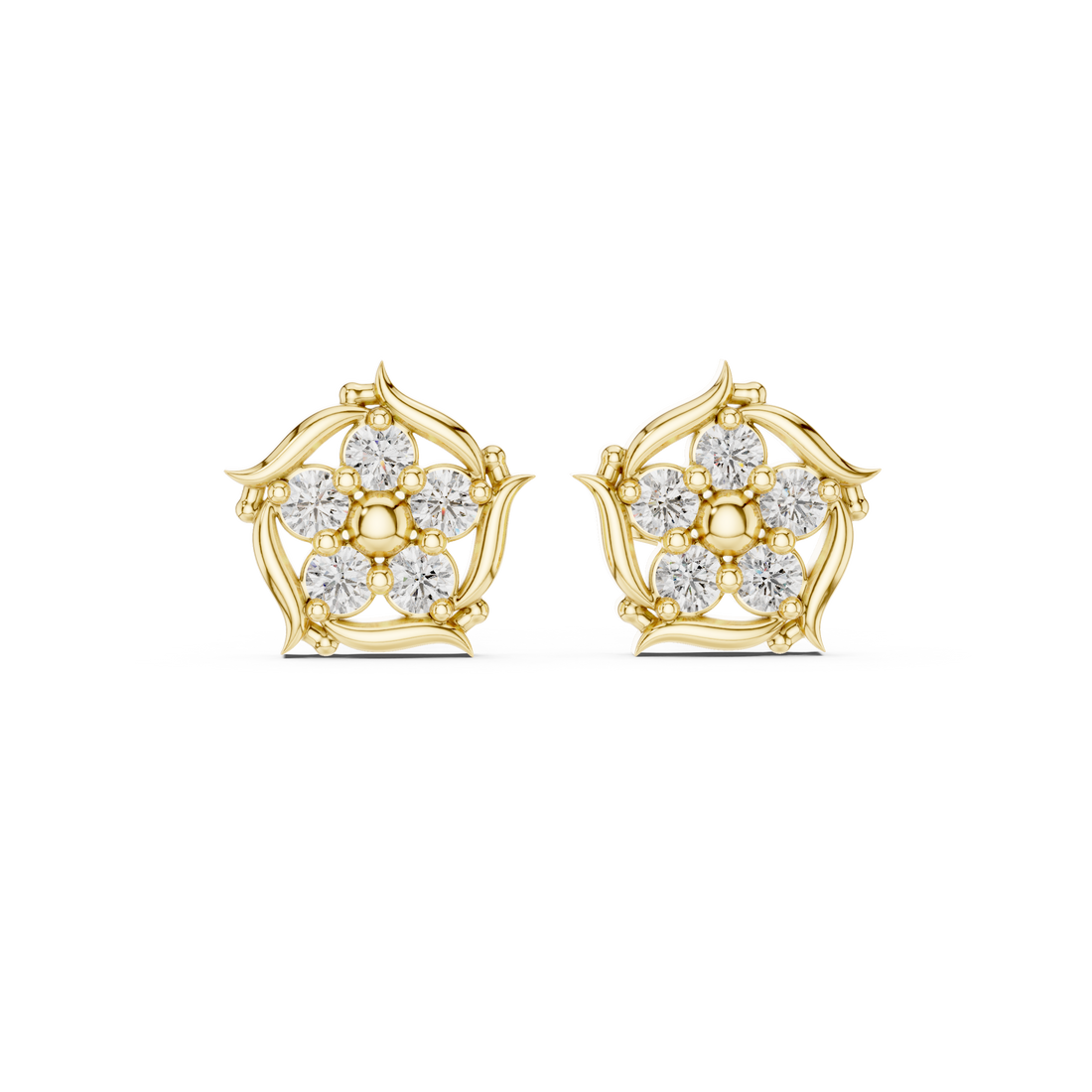 Round Brilliant Diamond Floral Starburst Cluster Collet Set Classic Stud Earrings