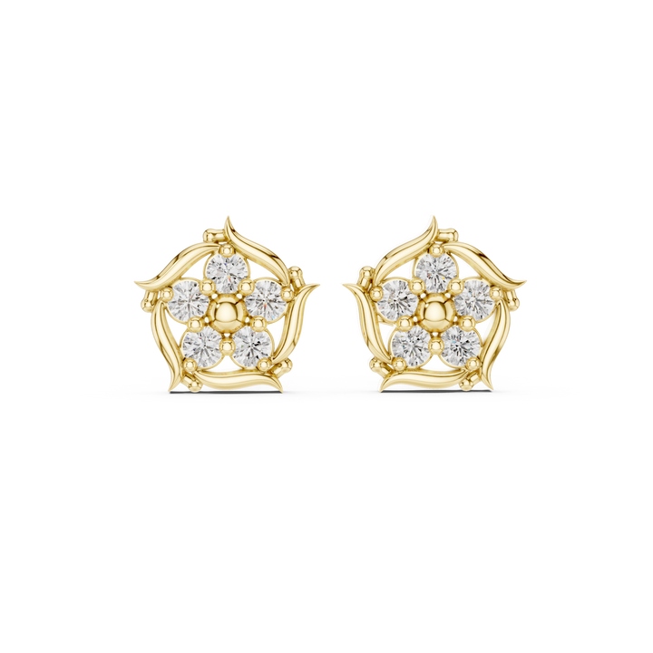 Round Brilliant Diamond Floral Starburst Cluster Collet Set Classic Stud Earrings