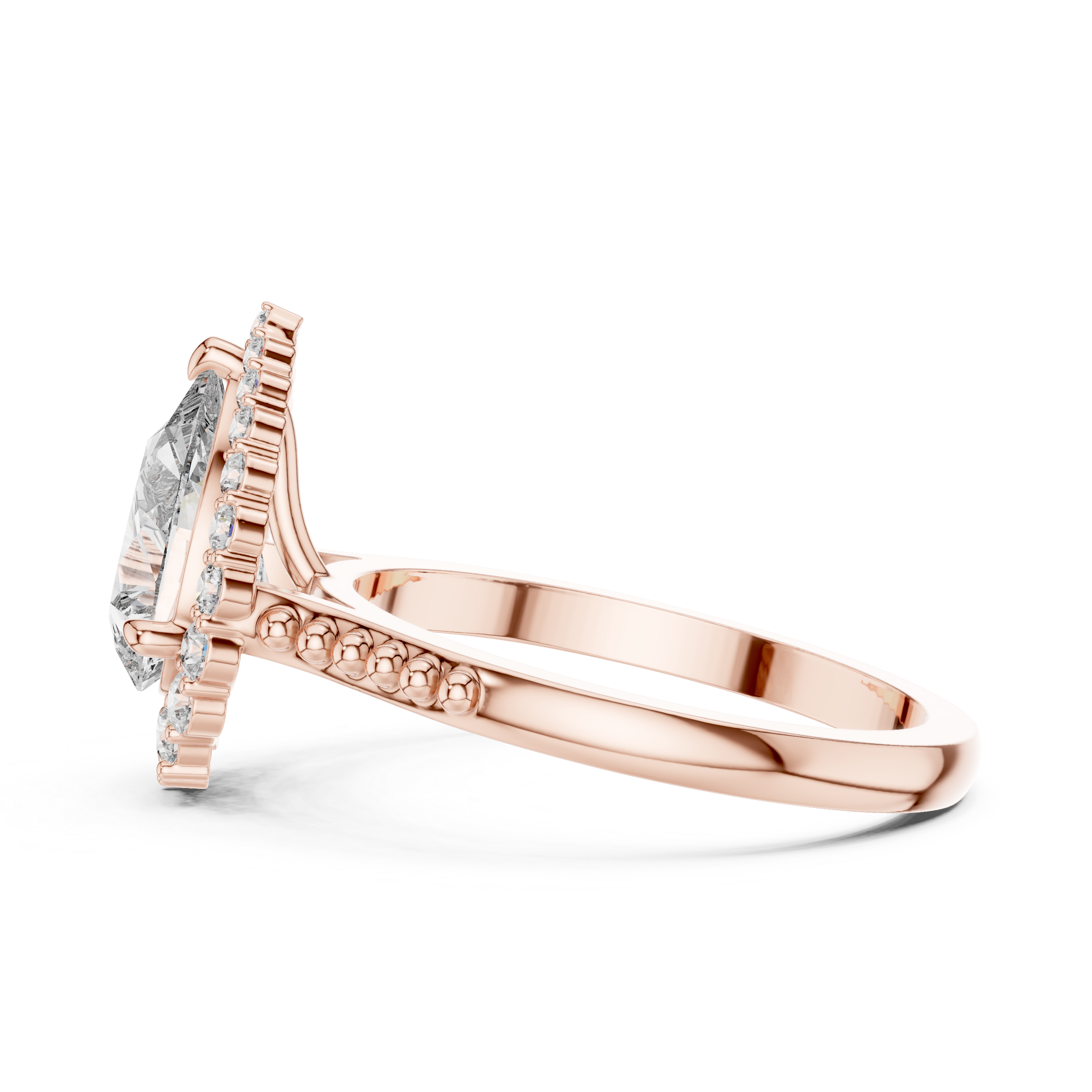 Pear Cut Gemstone Halo Ring with Beaded Band and Diamond Accents