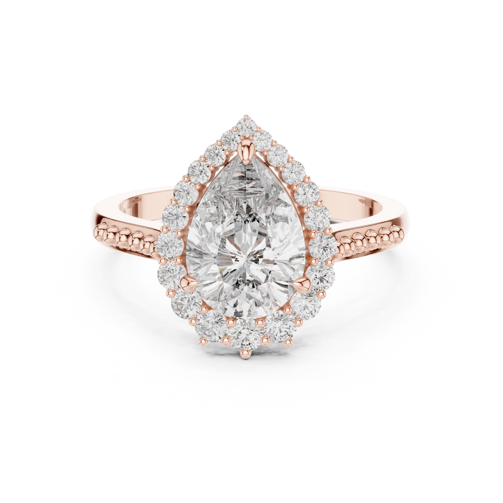 Pear Cut Gemstone Halo Ring with Beaded Band and Diamond Accents