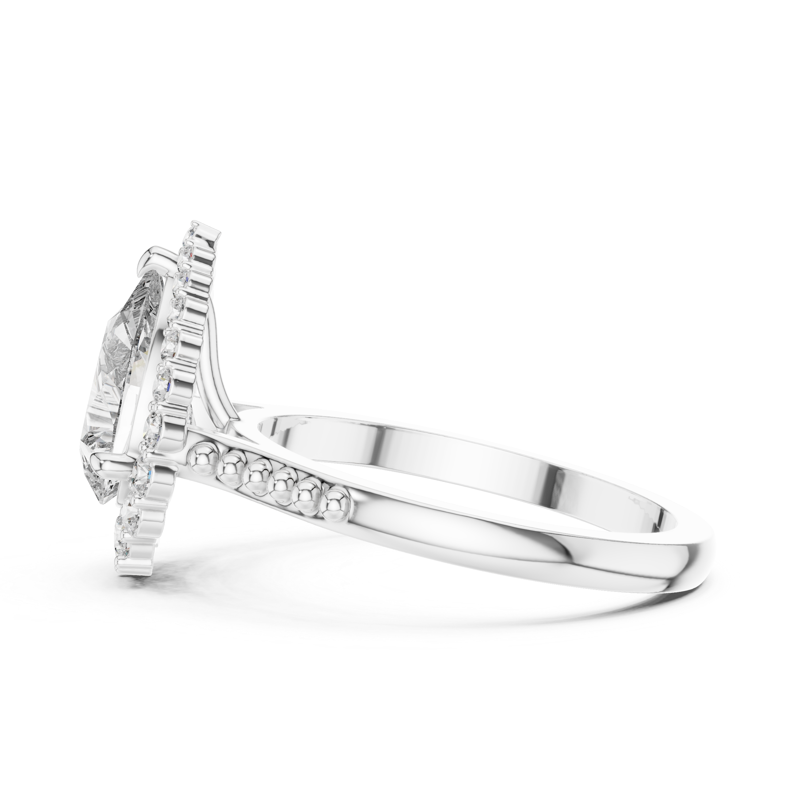 Pear Cut Gemstone Halo Ring with Beaded Band and Diamond Accents