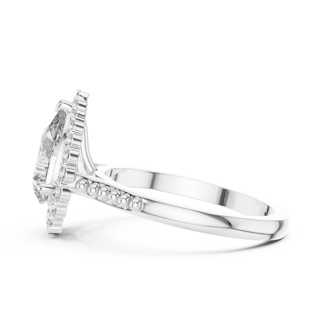 Pear Cut Gemstone Halo Ring with Beaded Band and Diamond Accents