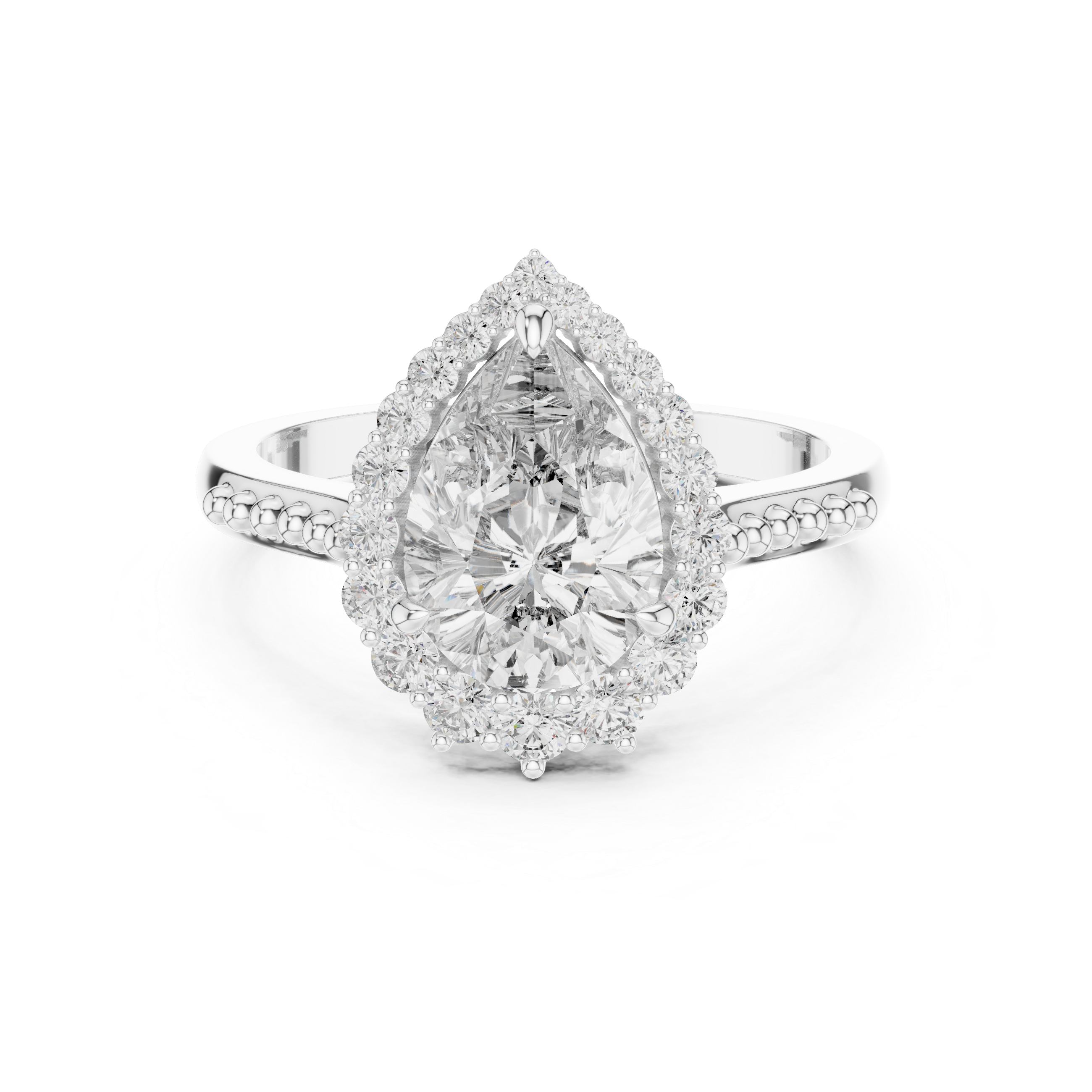 Pear Cut Gemstone Halo Ring with Beaded Band and Diamond Accents