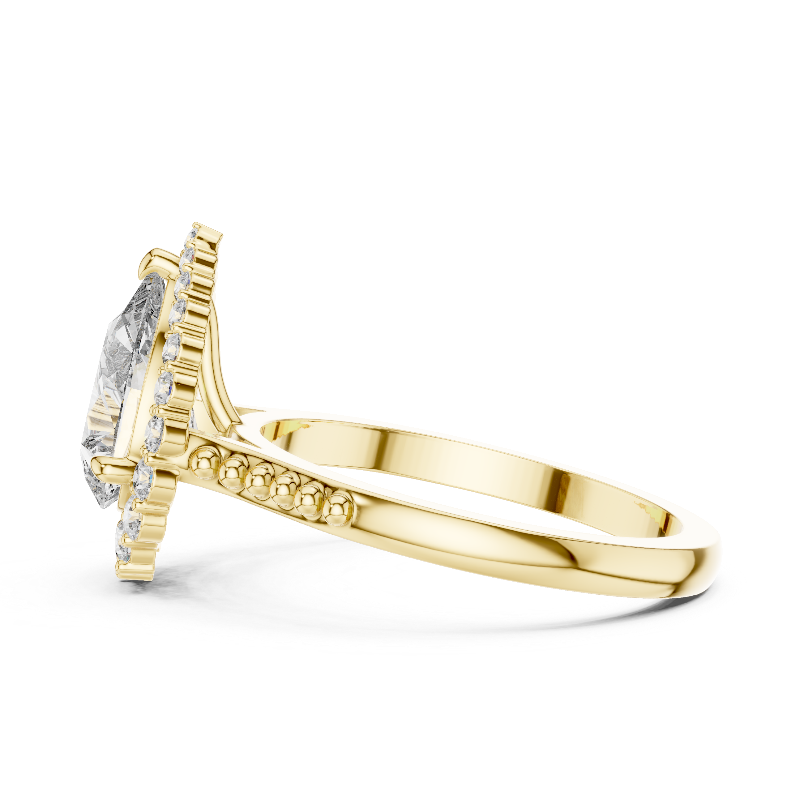 Pear Cut Gemstone Halo Ring with Beaded Band and Diamond Accents