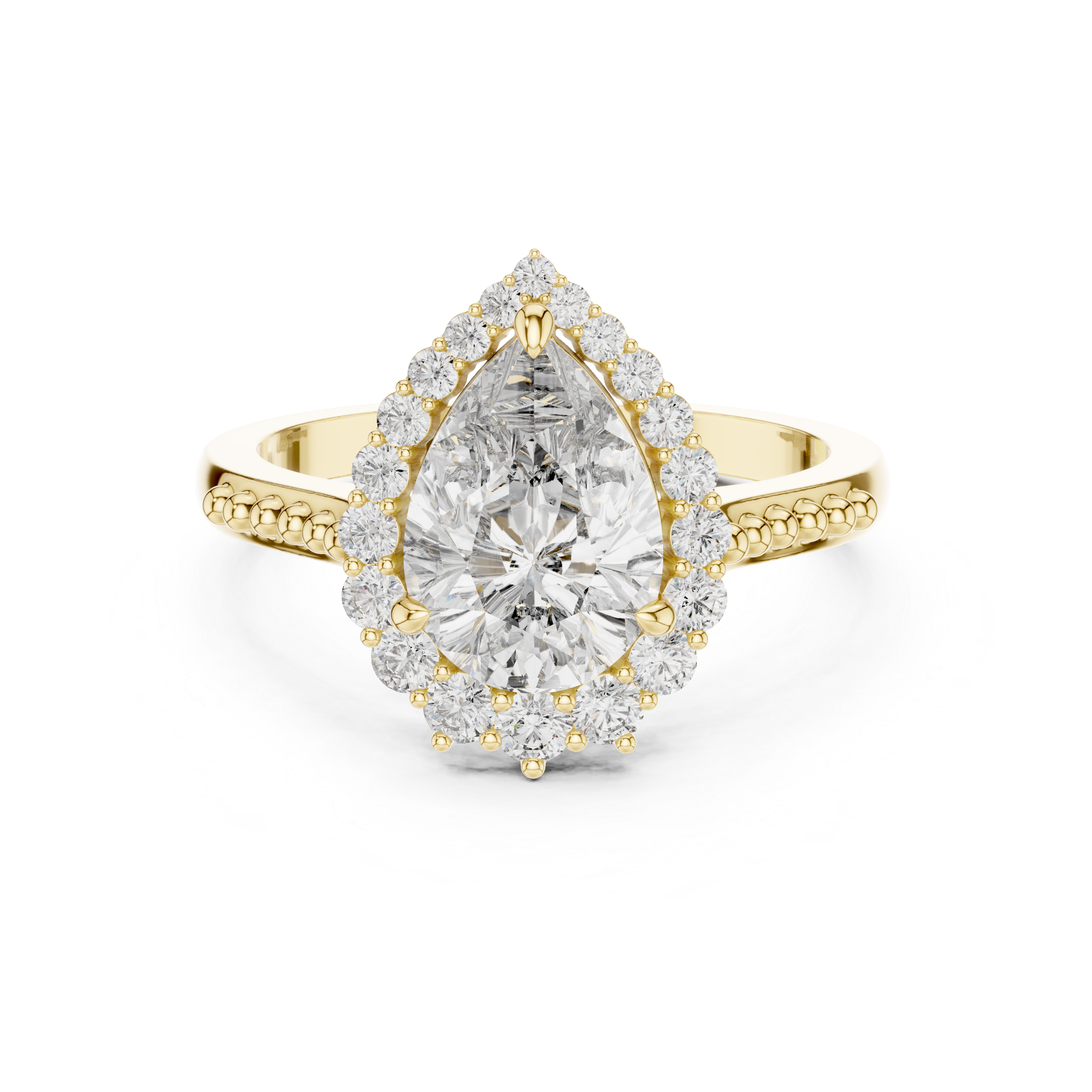 Pear Cut Gemstone Halo Ring with Beaded Band and Diamond Accents