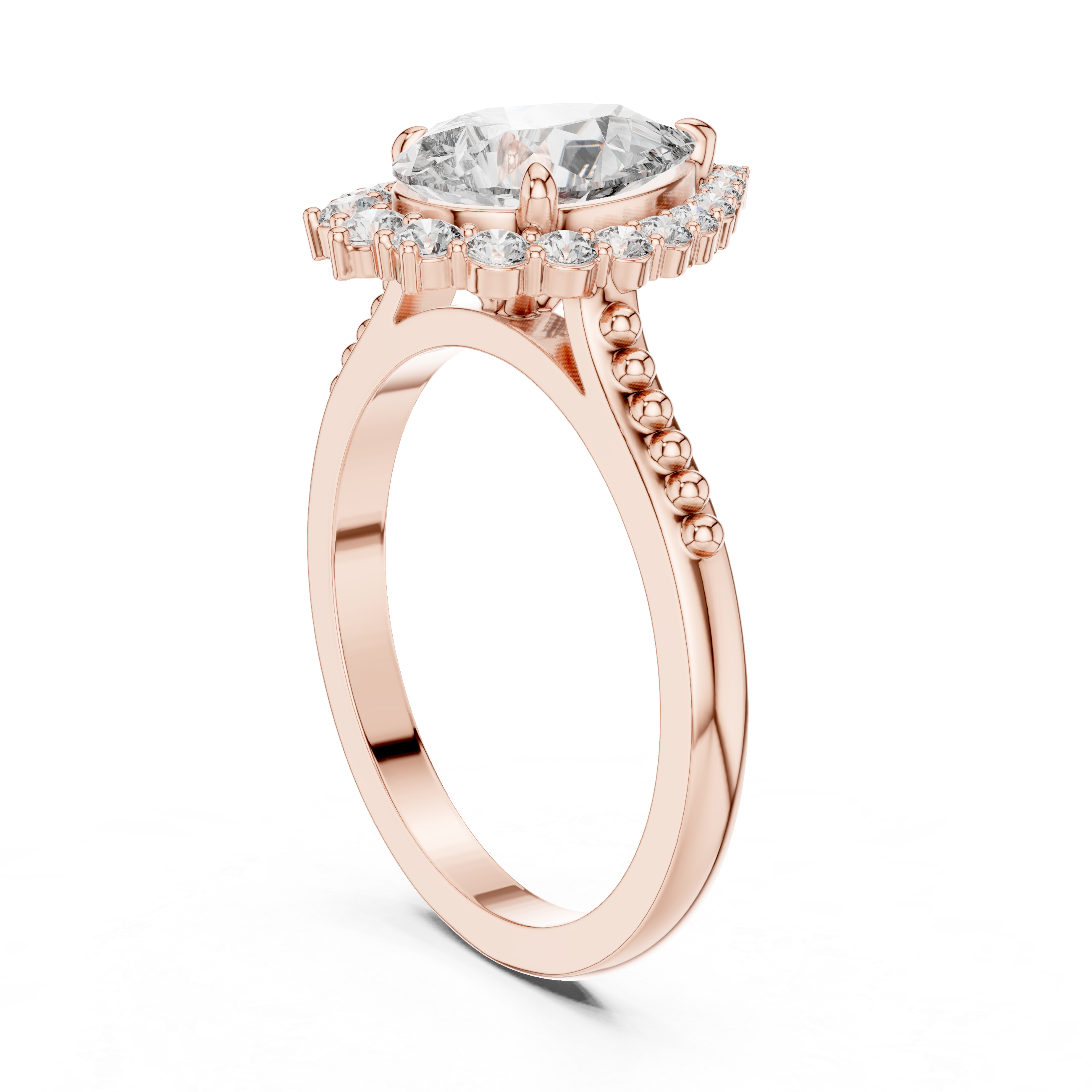 Pear Cut Gemstone Halo Ring with Beaded Band and Diamond Accents