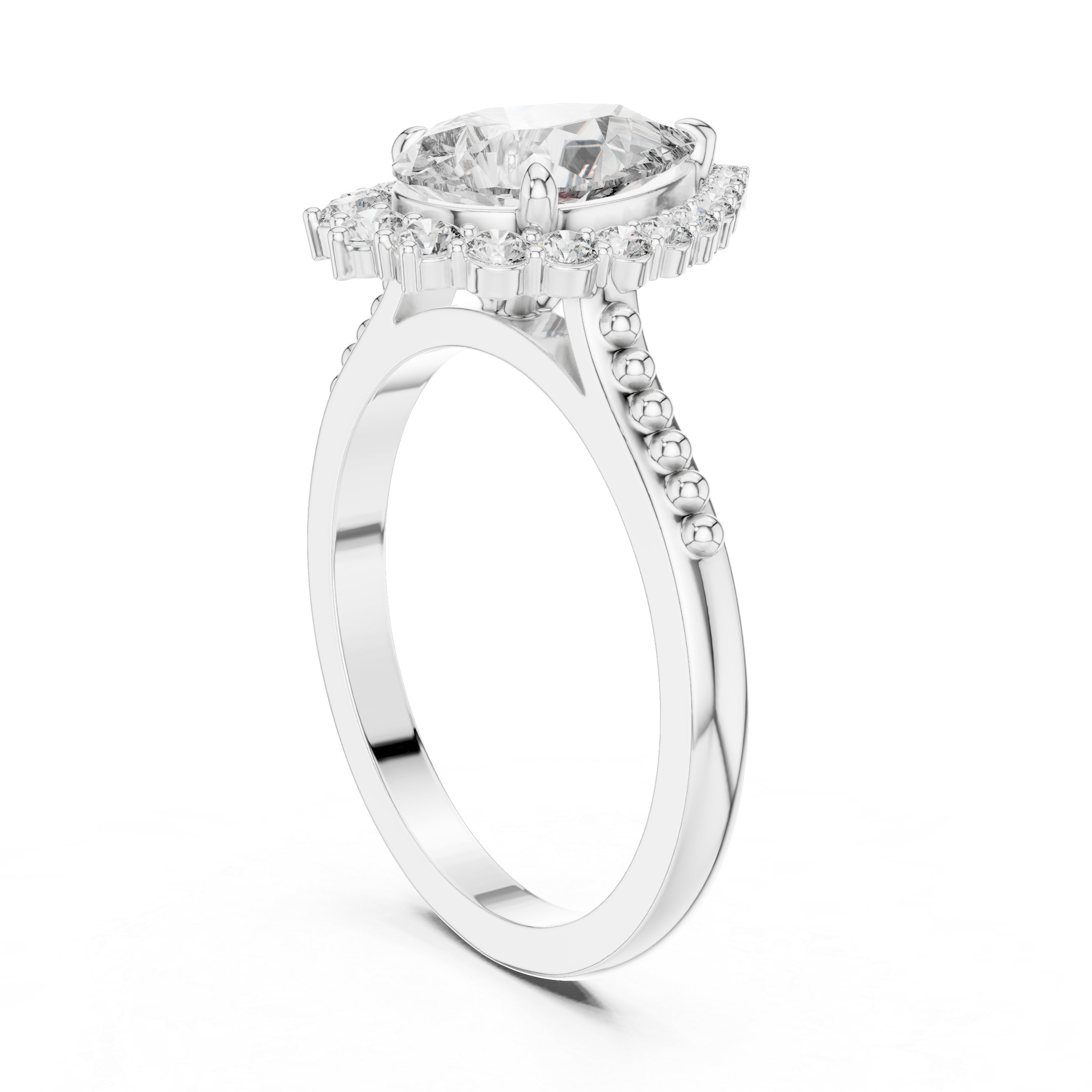 Pear Cut Gemstone Halo Ring with Beaded Band and Diamond Accents