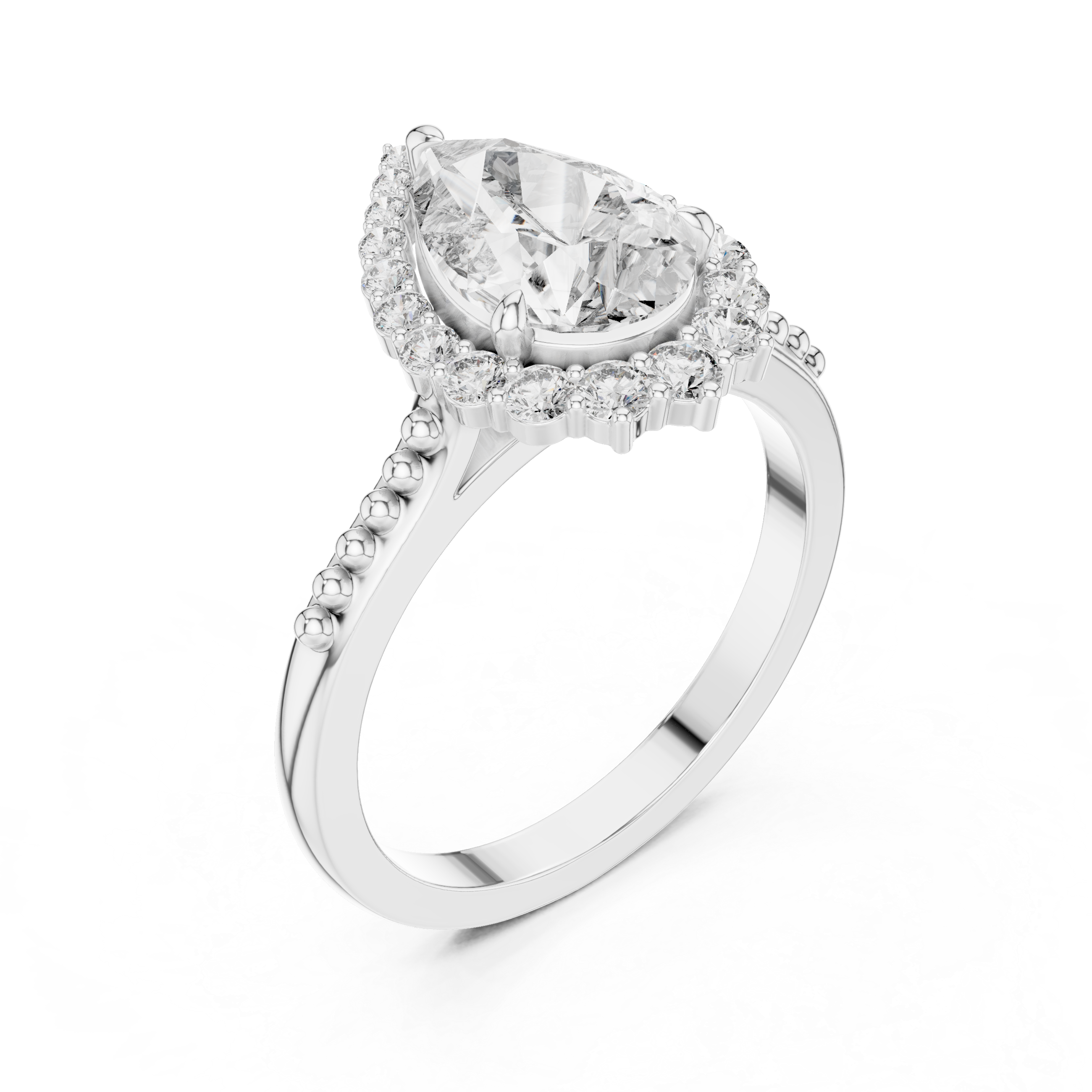 Pear Cut Gemstone Halo Ring with Beaded Band and Diamond Accents