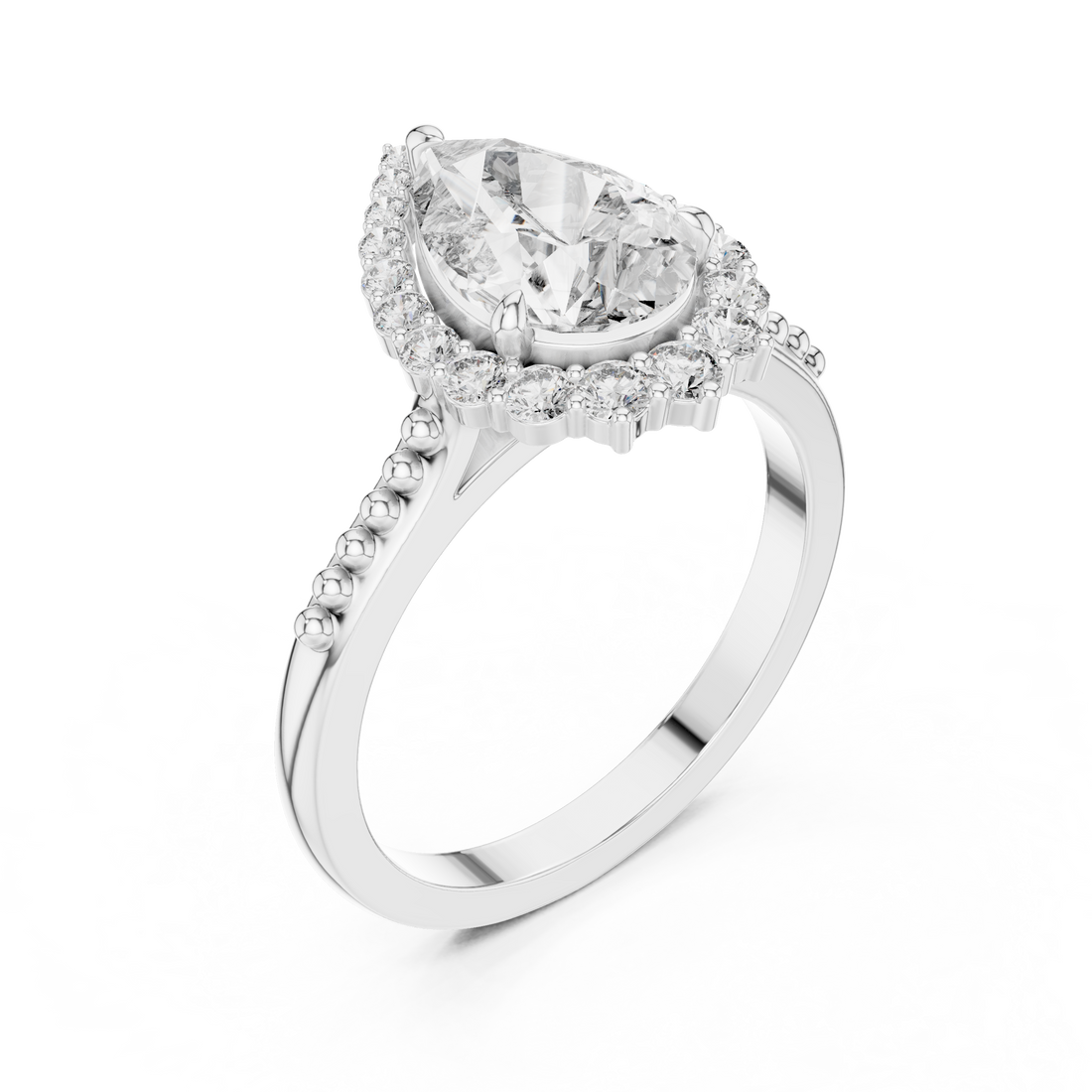 Pear Cut Gemstone Halo Ring with Beaded Band and Diamond Accents