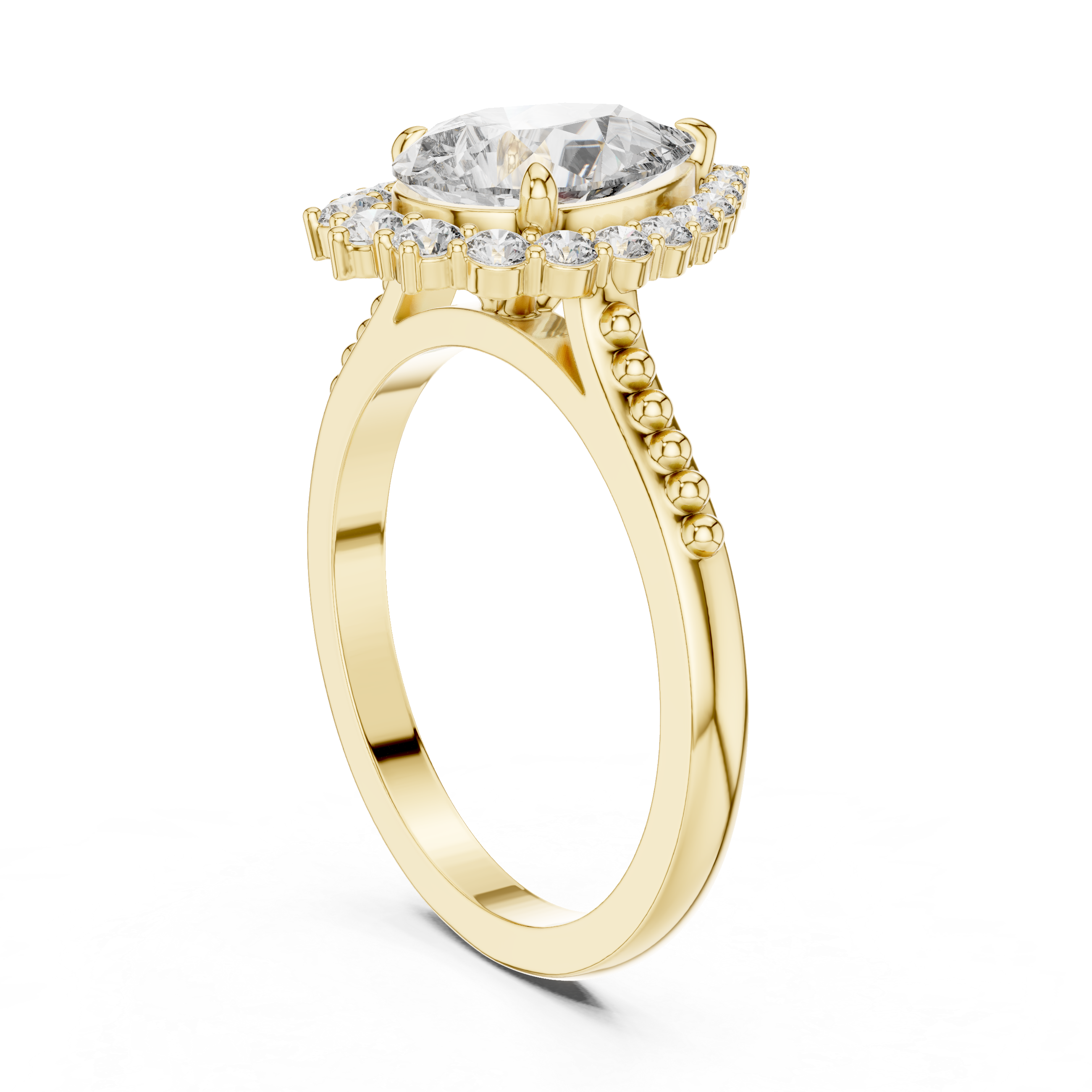 Pear Cut Gemstone Halo Ring with Beaded Band and Diamond Accents