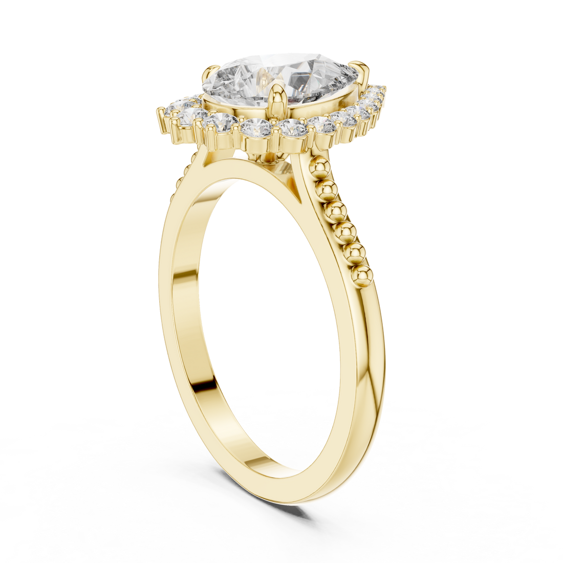 Pear Cut Gemstone Halo Ring with Beaded Band and Diamond Accents