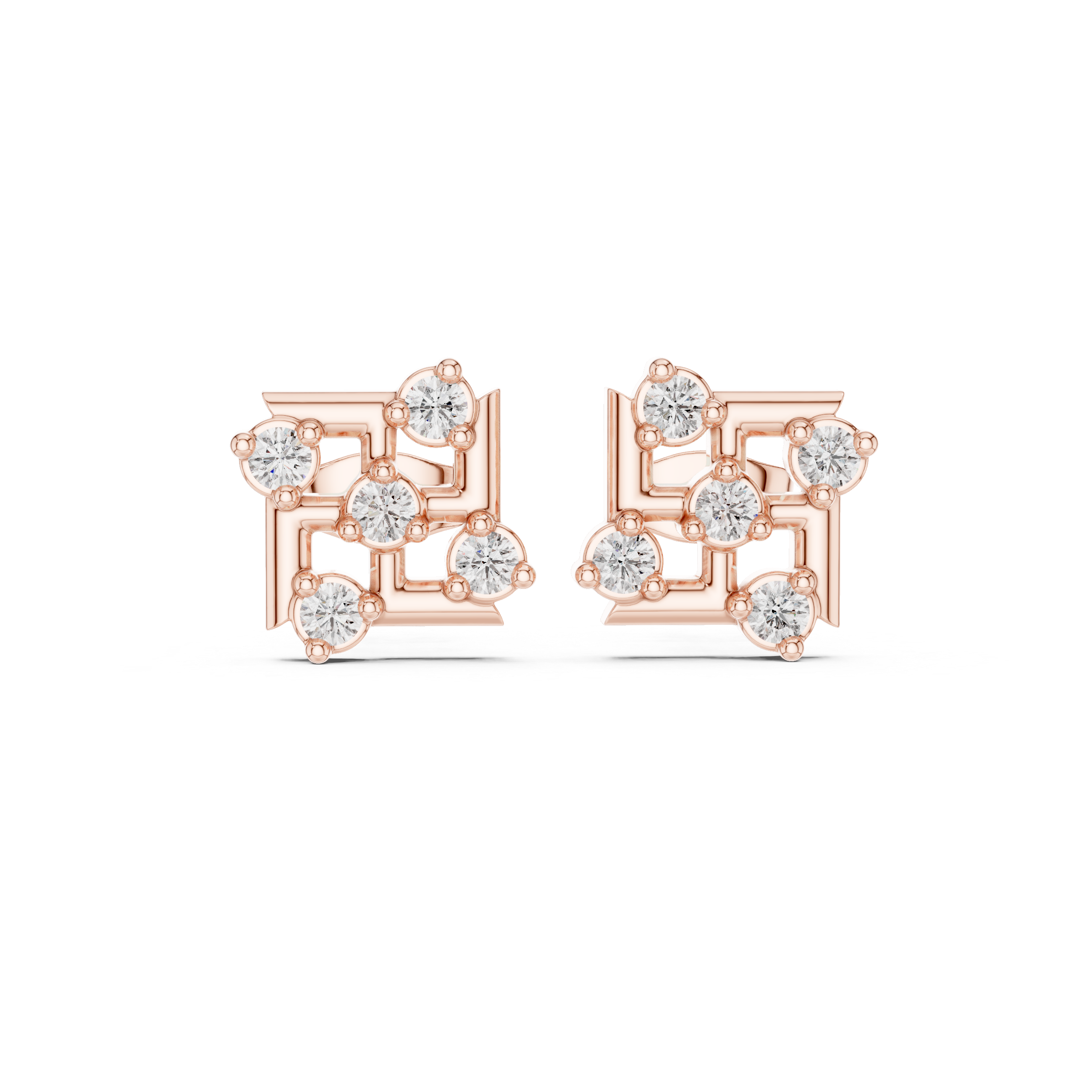 Round Brilliant Diamond Geometric Square Cluster Collet Set Classic Stud Earrings