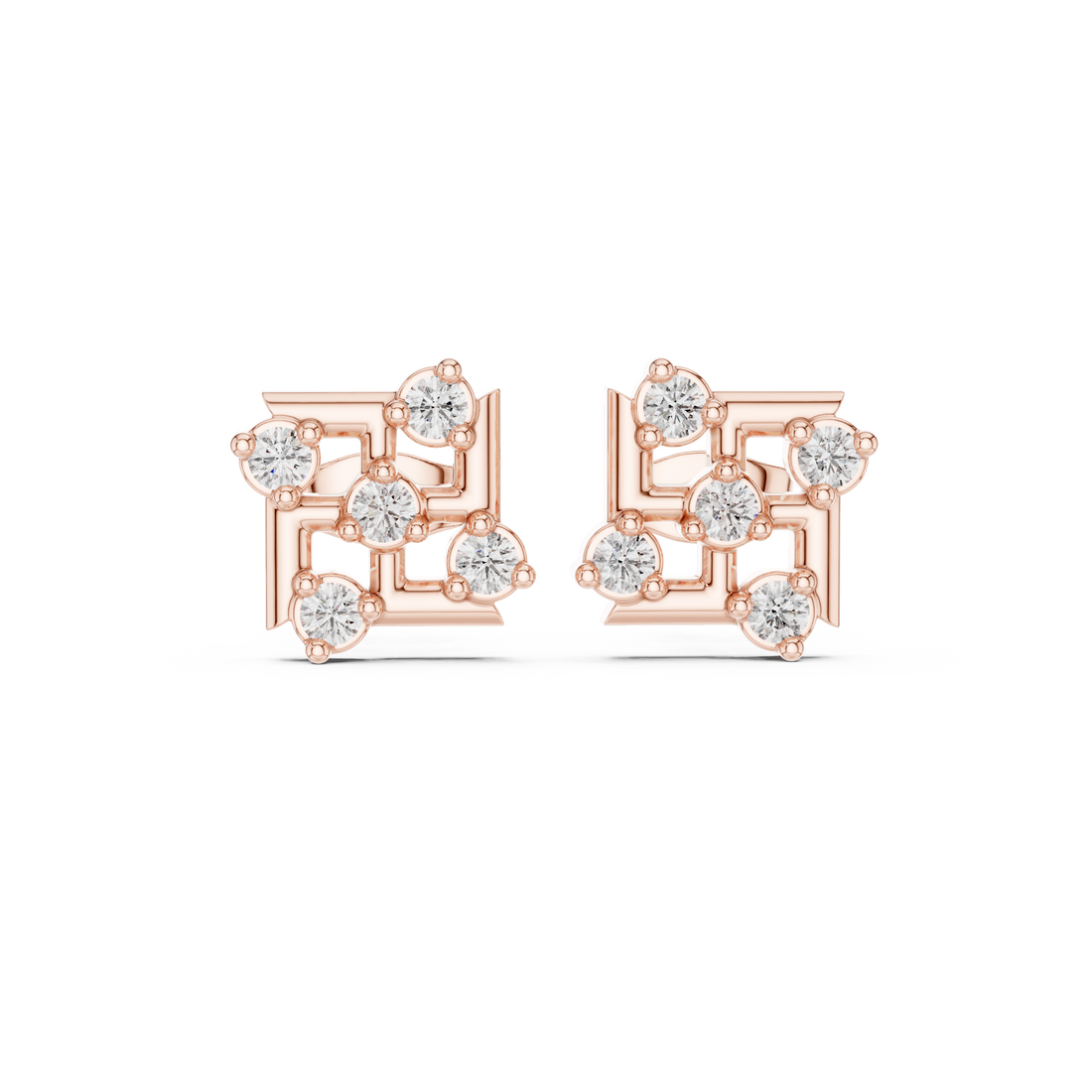 Round Brilliant Diamond Geometric Square Cluster Collet Set Classic Stud Earrings