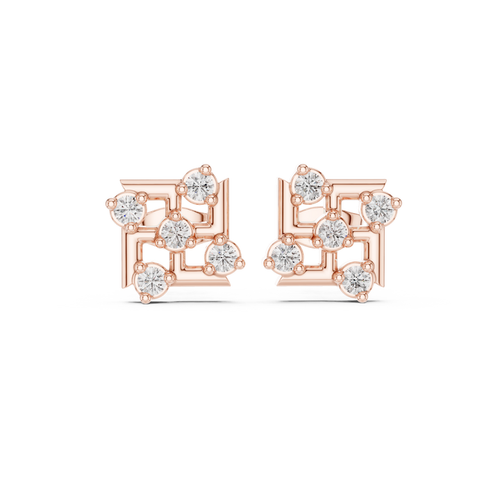 Round Brilliant Diamond Geometric Square Cluster Collet Set Classic Stud Earrings