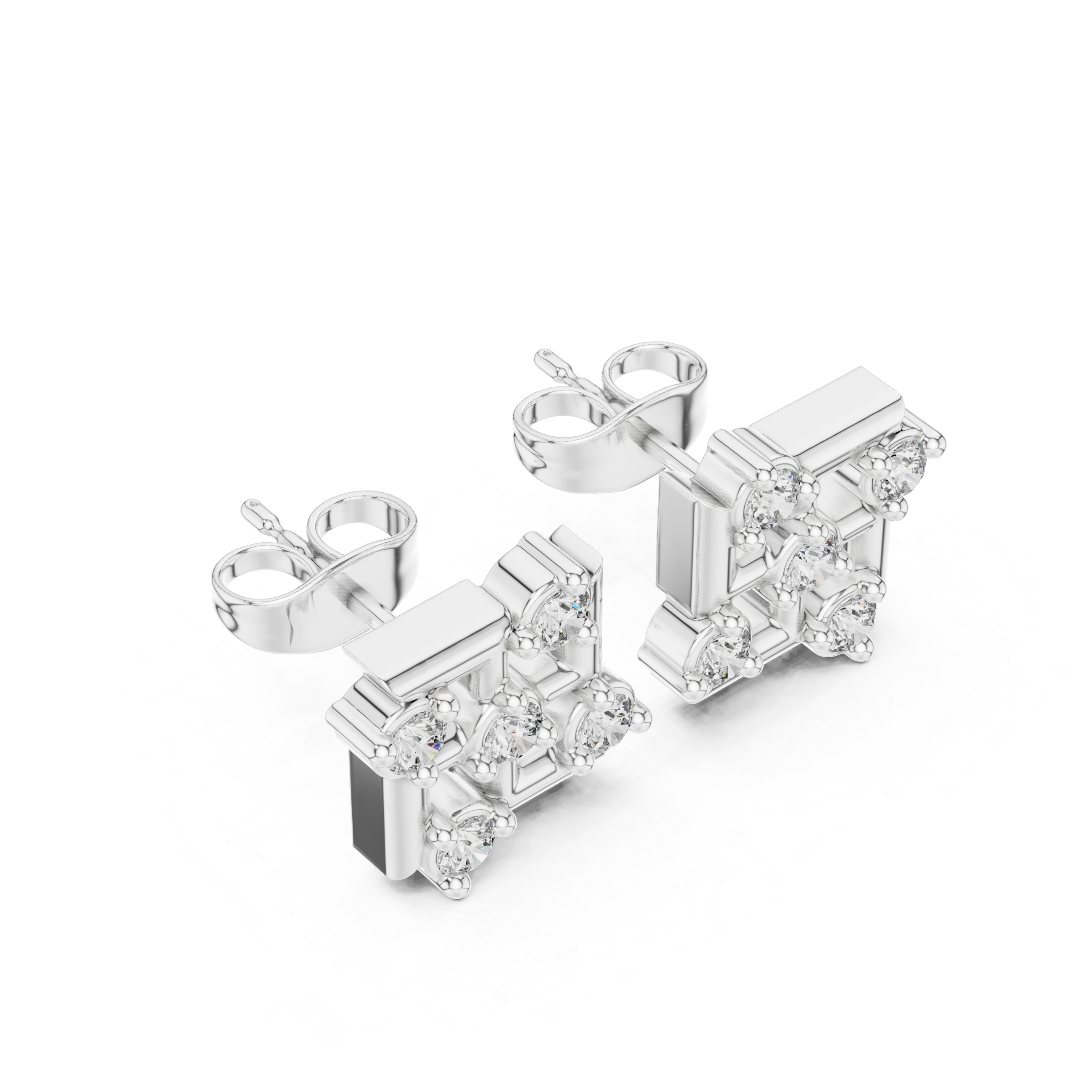 Round Brilliant Diamond Geometric Square Cluster Collet Set Classic Stud Earrings