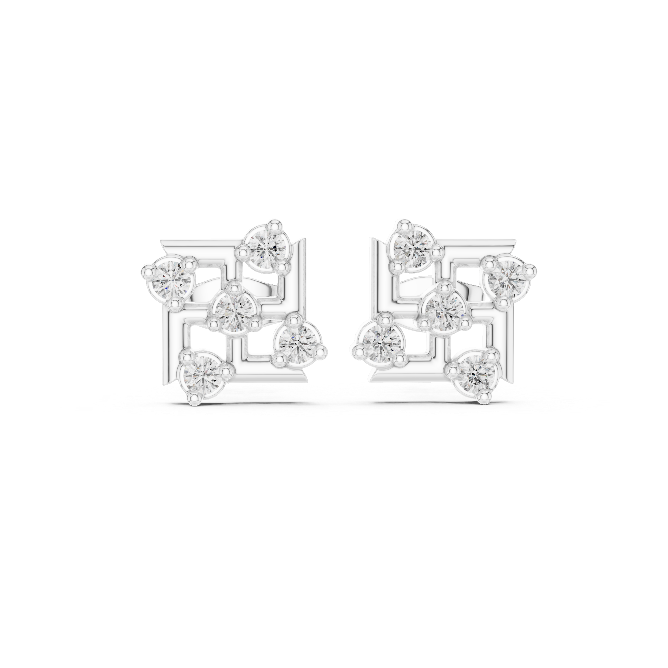 Round Brilliant Diamond Geometric Square Cluster Collet Set Classic Stud Earrings