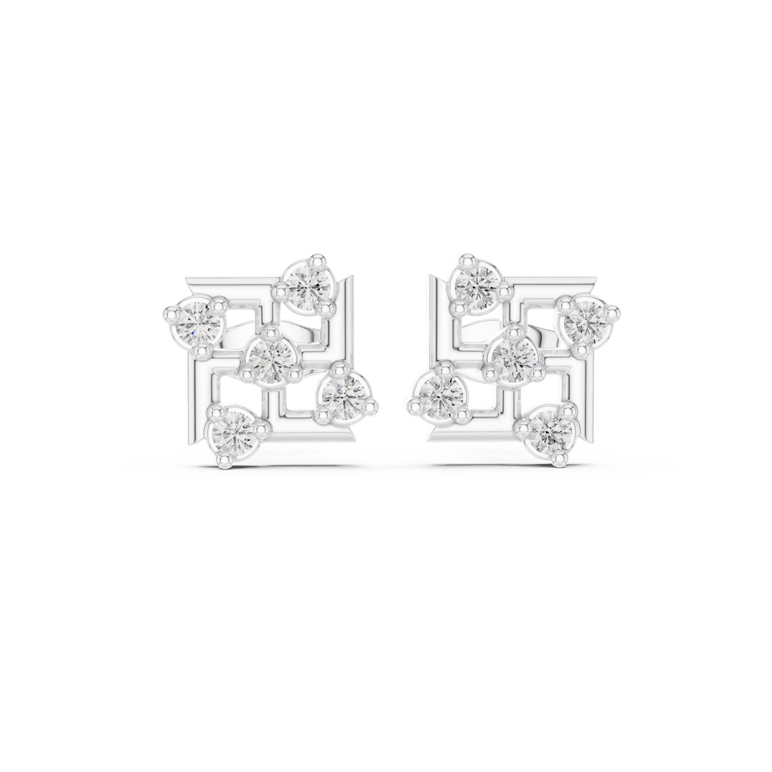 Round Brilliant Diamond Geometric Square Cluster Collet Set Classic Stud Earrings