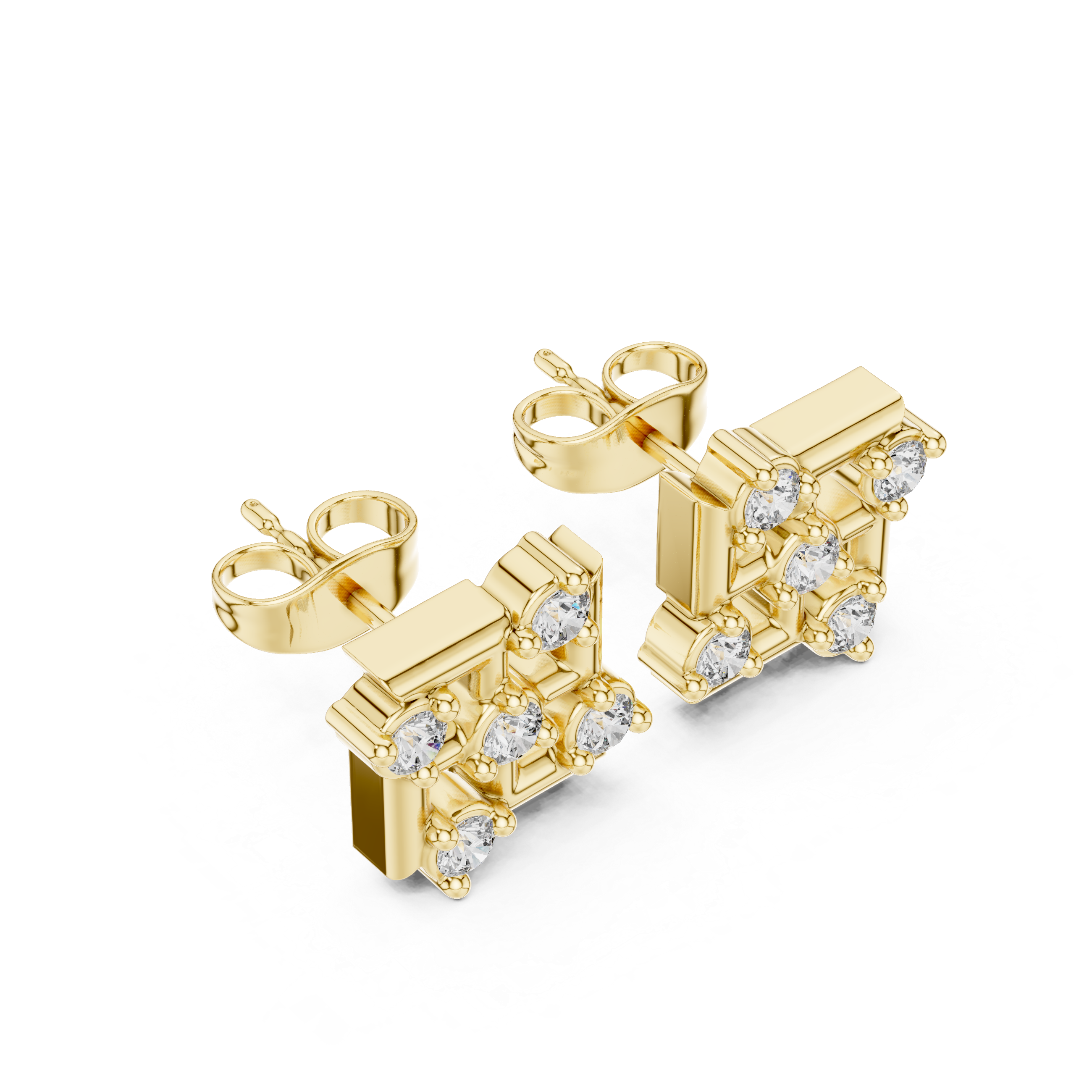Round Brilliant Diamond Geometric Square Cluster Collet Set Classic Stud Earrings