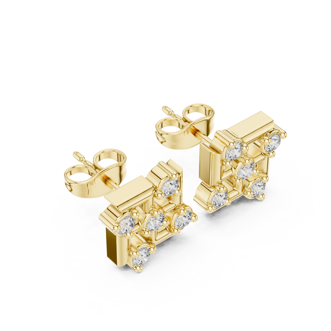 Round Brilliant Diamond Geometric Square Cluster Collet Set Classic Stud Earrings