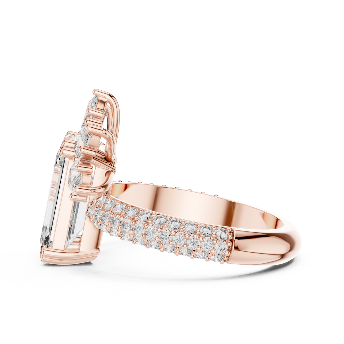 Emerald Cut Diamond Ring with Floral Marquise and Pear Side Stones