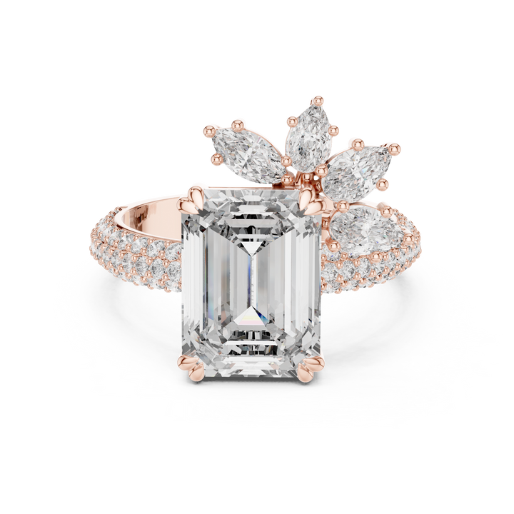 Emerald Cut Diamond Ring with Floral Marquise and Pear Side Stones