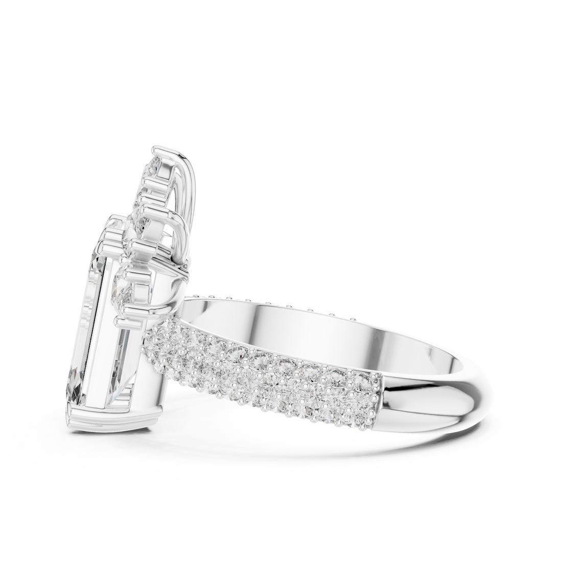 Emerald Cut Diamond Ring with Floral Marquise and Pear Side Stones