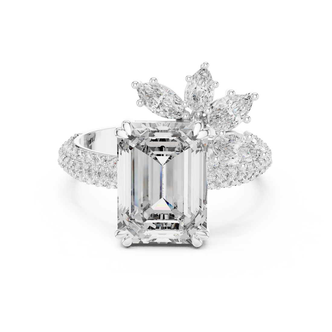 Emerald Cut Diamond Ring with Floral Marquise and Pear Side Stones