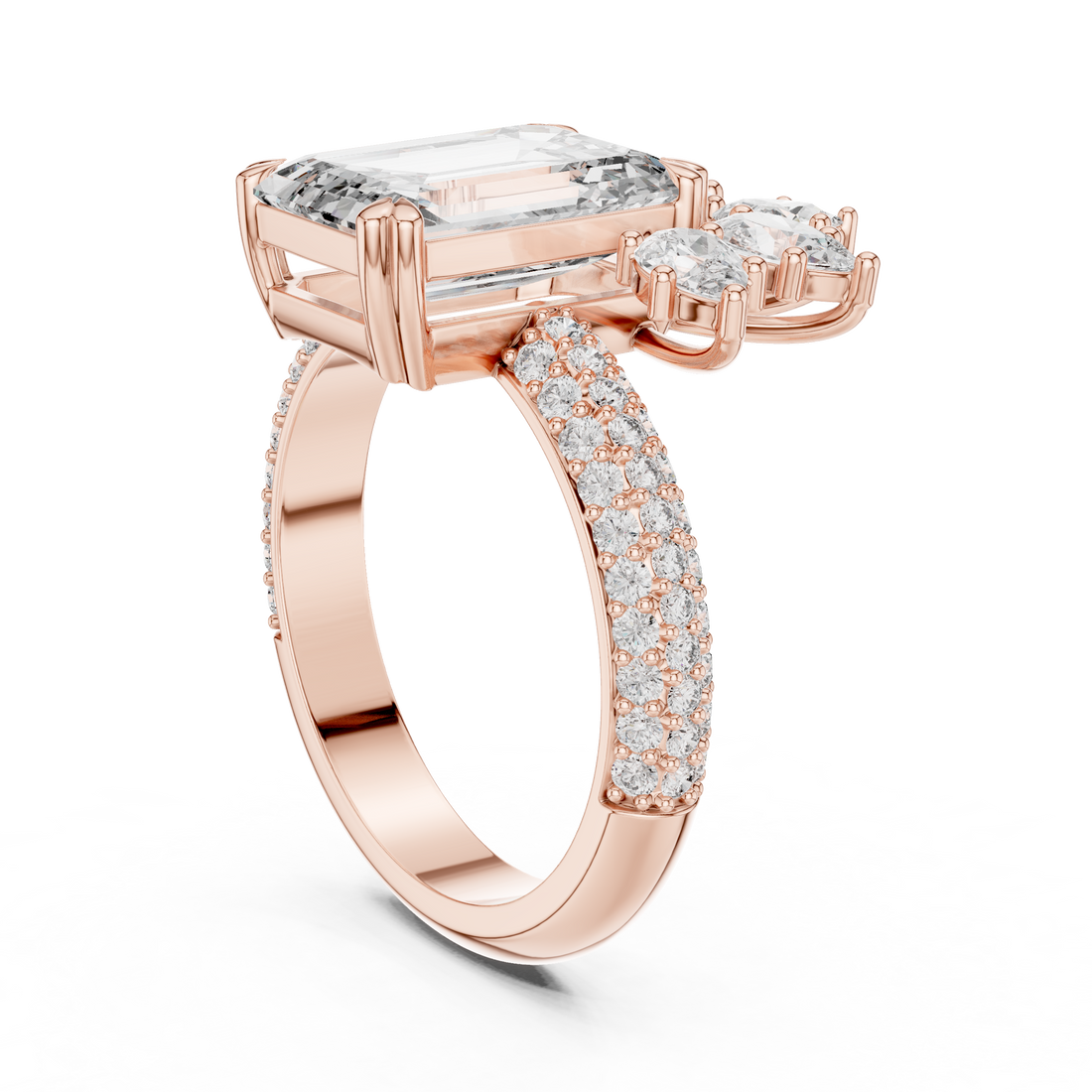 Emerald Cut Diamond Ring with Floral Marquise and Pear Side Stones