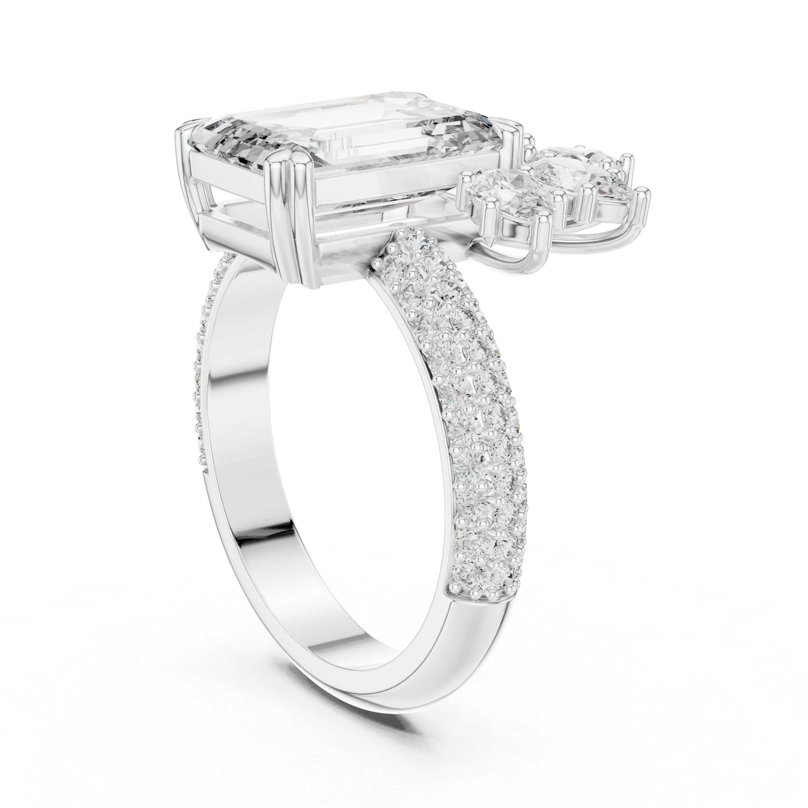 Emerald Cut Diamond Ring with Floral Marquise and Pear Side Stones
