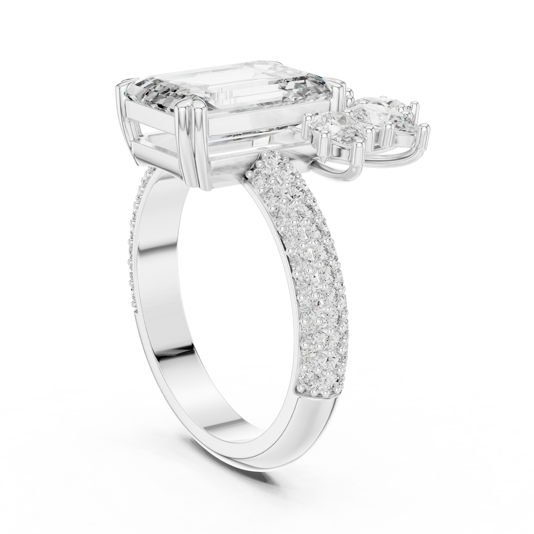 Emerald Cut Diamond Ring with Floral Marquise and Pear Side Stones