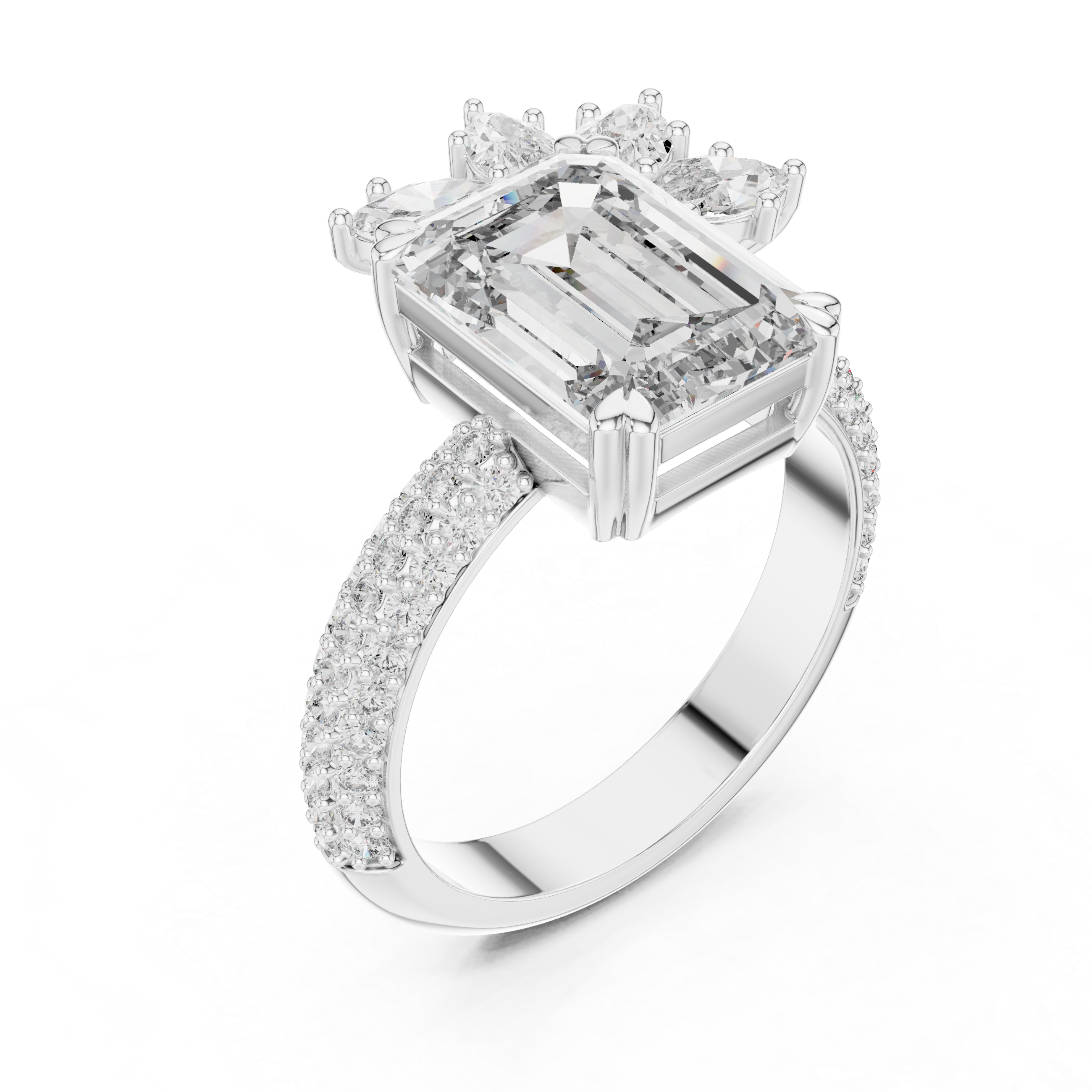 Emerald Cut Diamond Ring with Floral Marquise and Pear Side Stones