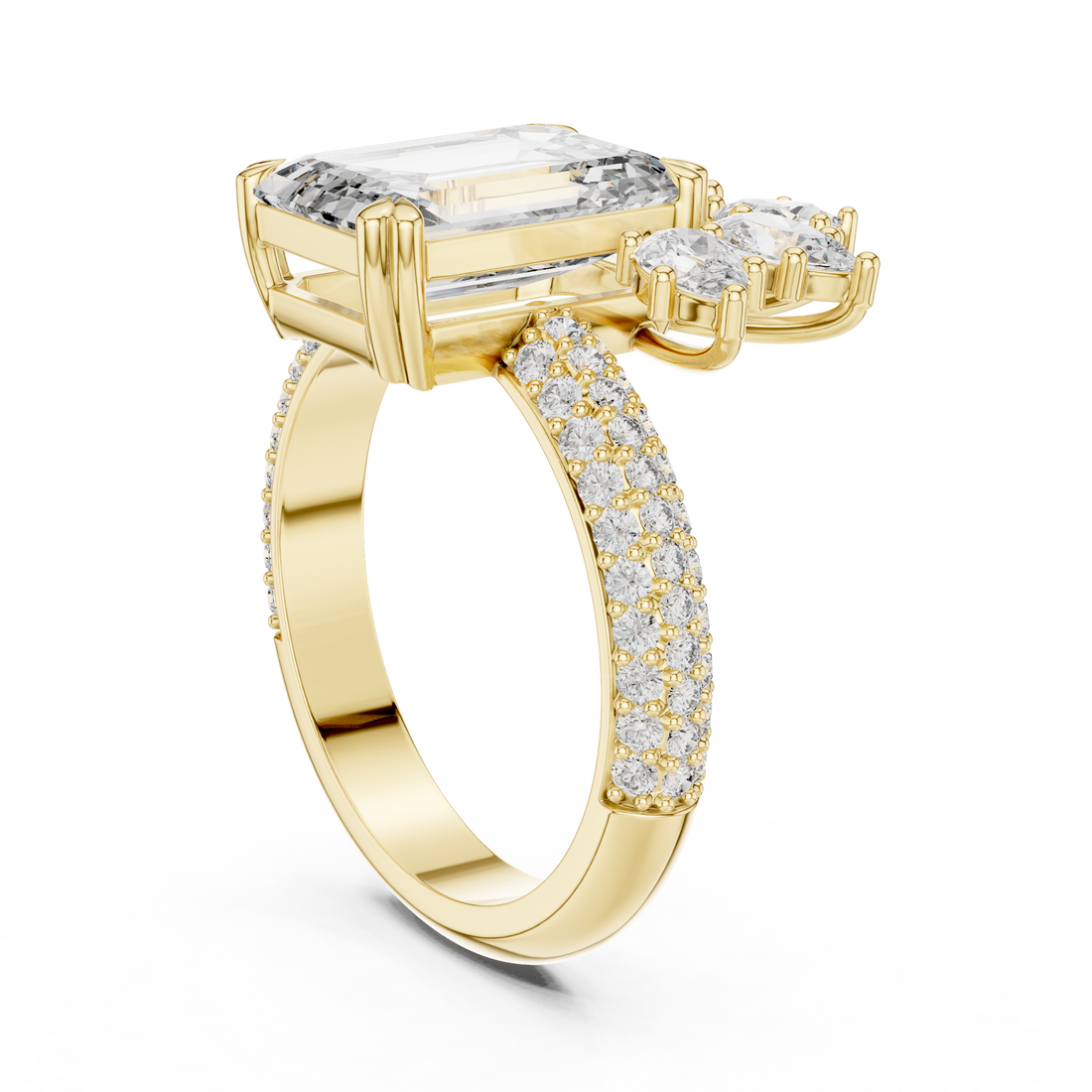 Emerald Cut Diamond Ring with Floral Marquise and Pear Side Stones