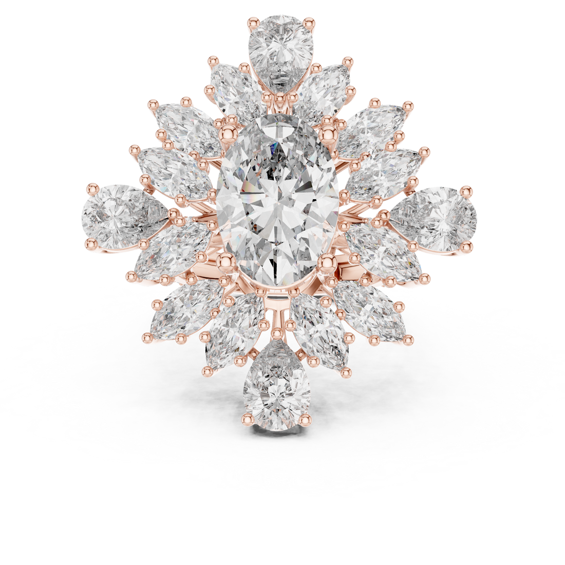 Oval Cut Color Stone Diamond Floral Halo Ring with Marquise and Pear Accents