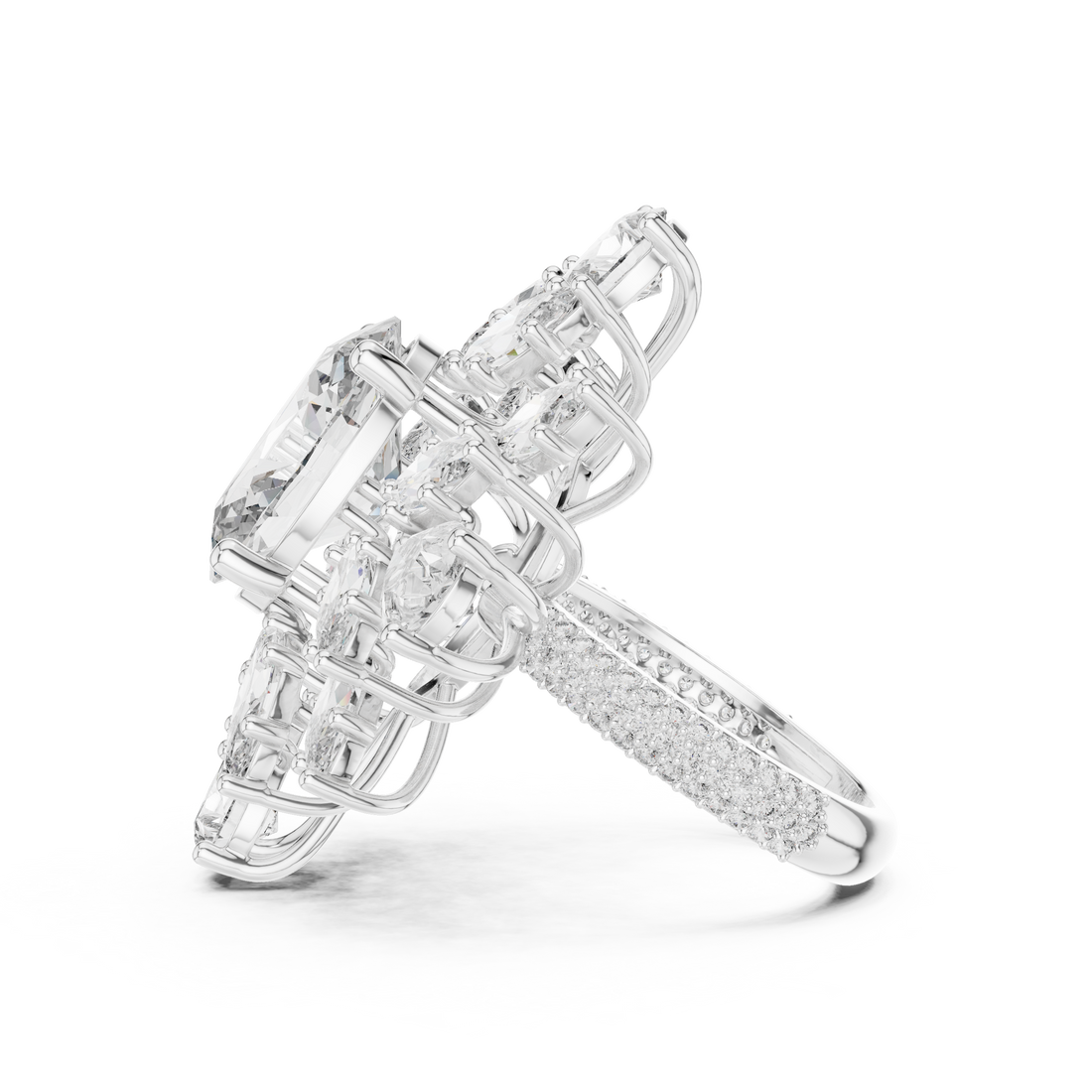 Oval Cut Color Stone Diamond Floral Halo Ring with Marquise and Pear Accents