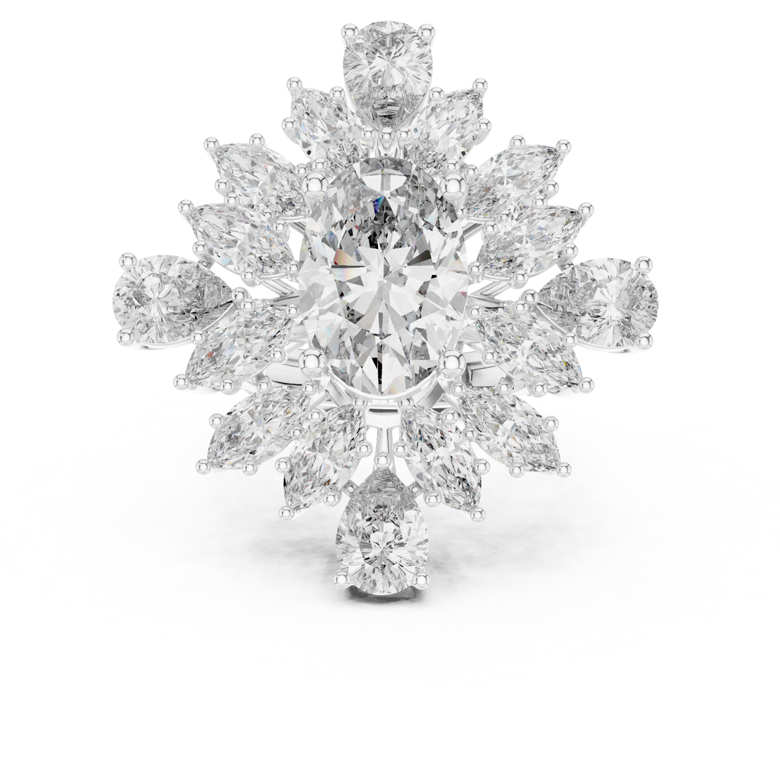 Oval Cut Color Stone Diamond Floral Halo Ring with Marquise and Pear Accents