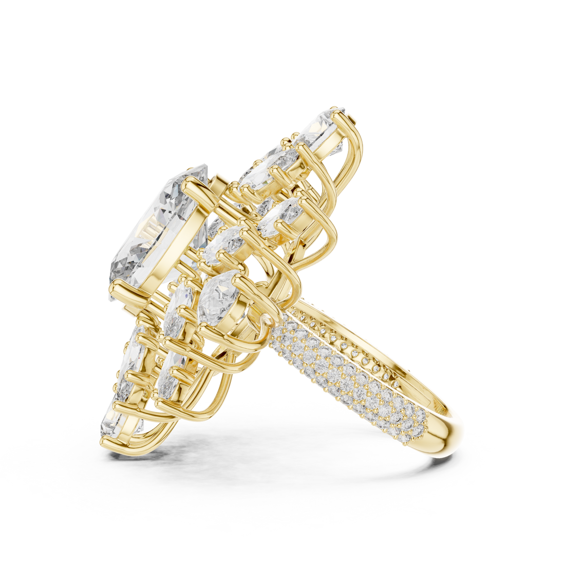 Oval Cut Color Stone Diamond Floral Halo Ring with Marquise and Pear Accents