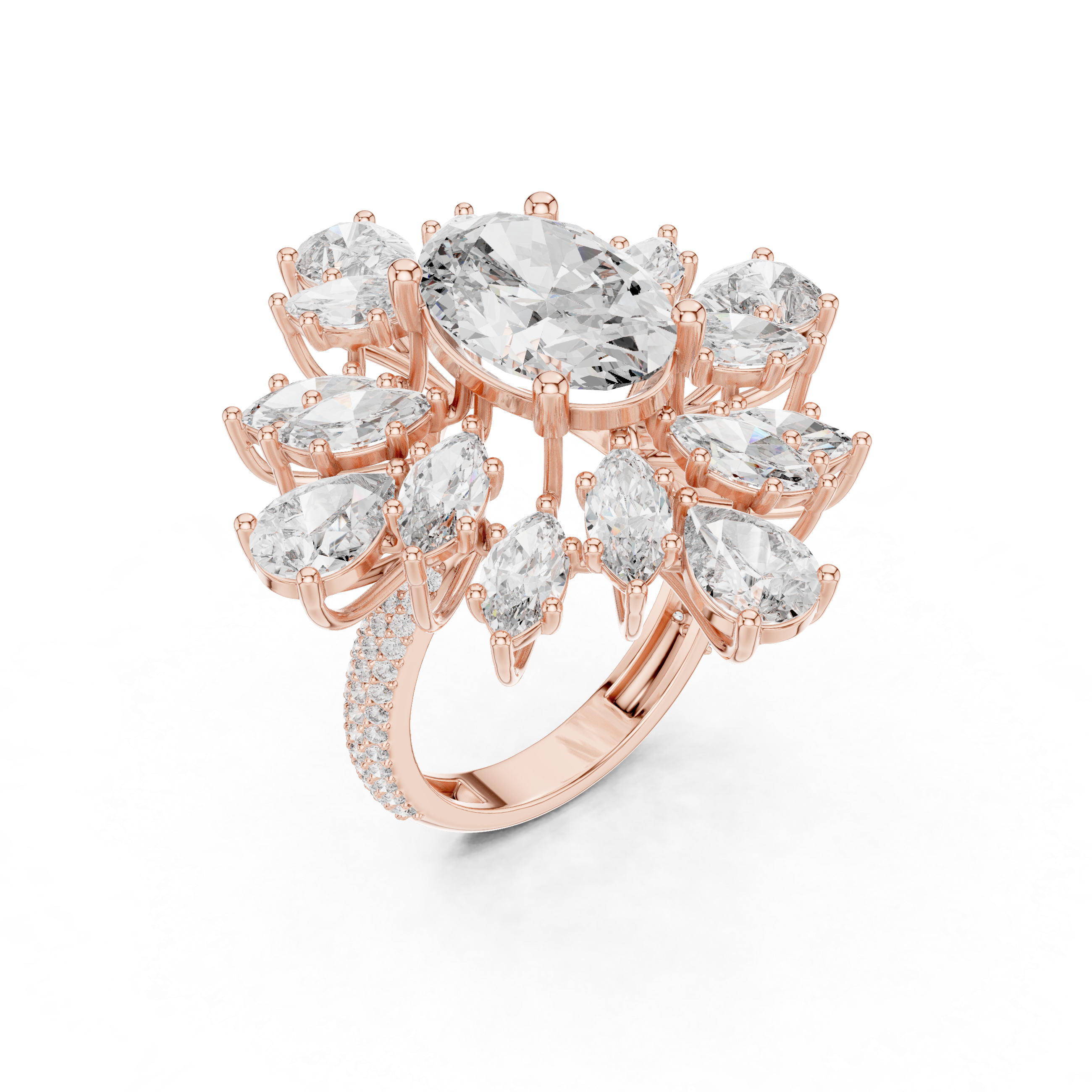 Oval Cut Color Stone Diamond Floral Halo Ring with Marquise and Pear Accents