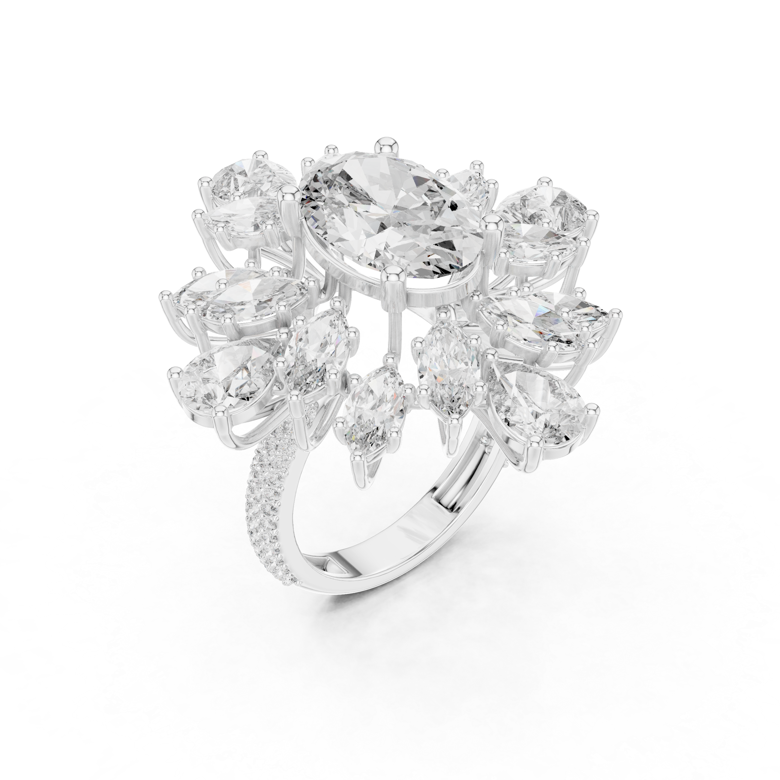 Oval Cut Color Stone Diamond Floral Halo Ring with Marquise and Pear Accents