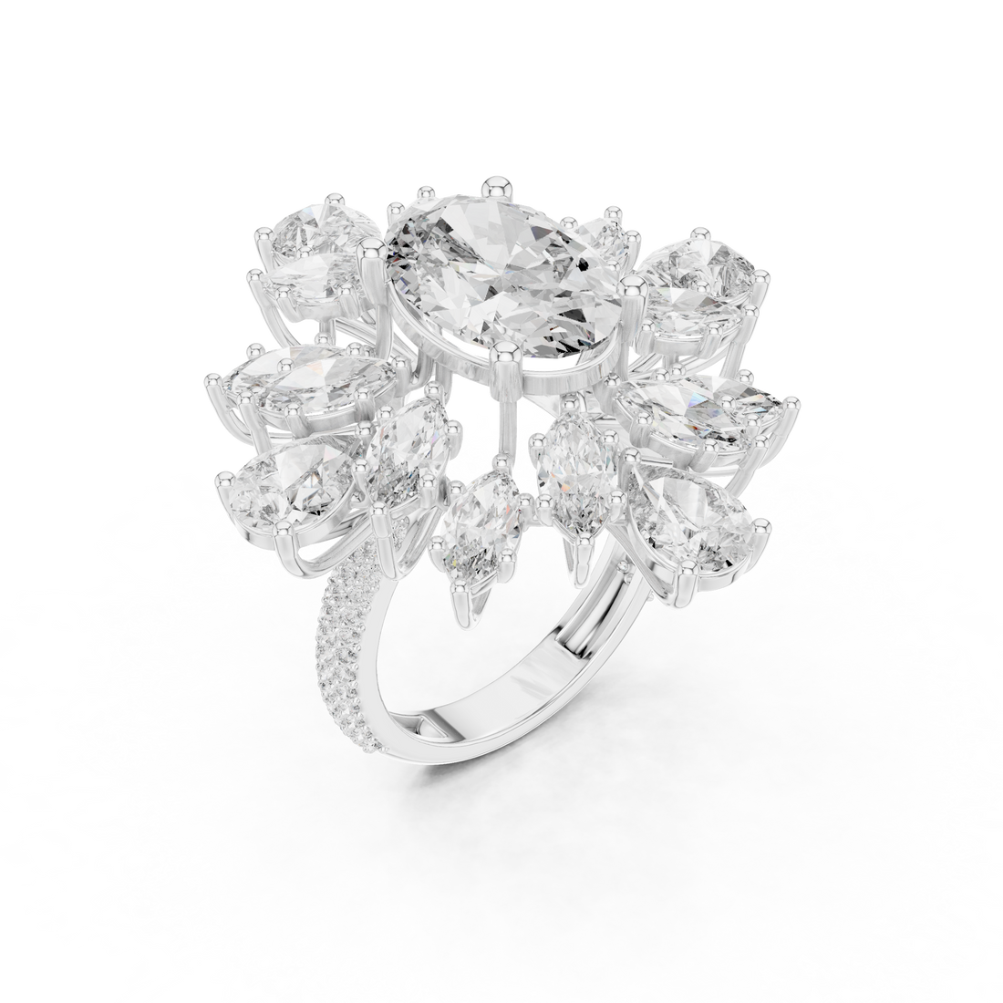 Oval Cut Color Stone Diamond Floral Halo Ring with Marquise and Pear Accents