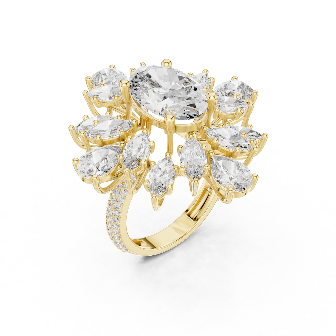 Oval Cut Color Stone Diamond Floral Halo Ring with Marquise and Pear Accents