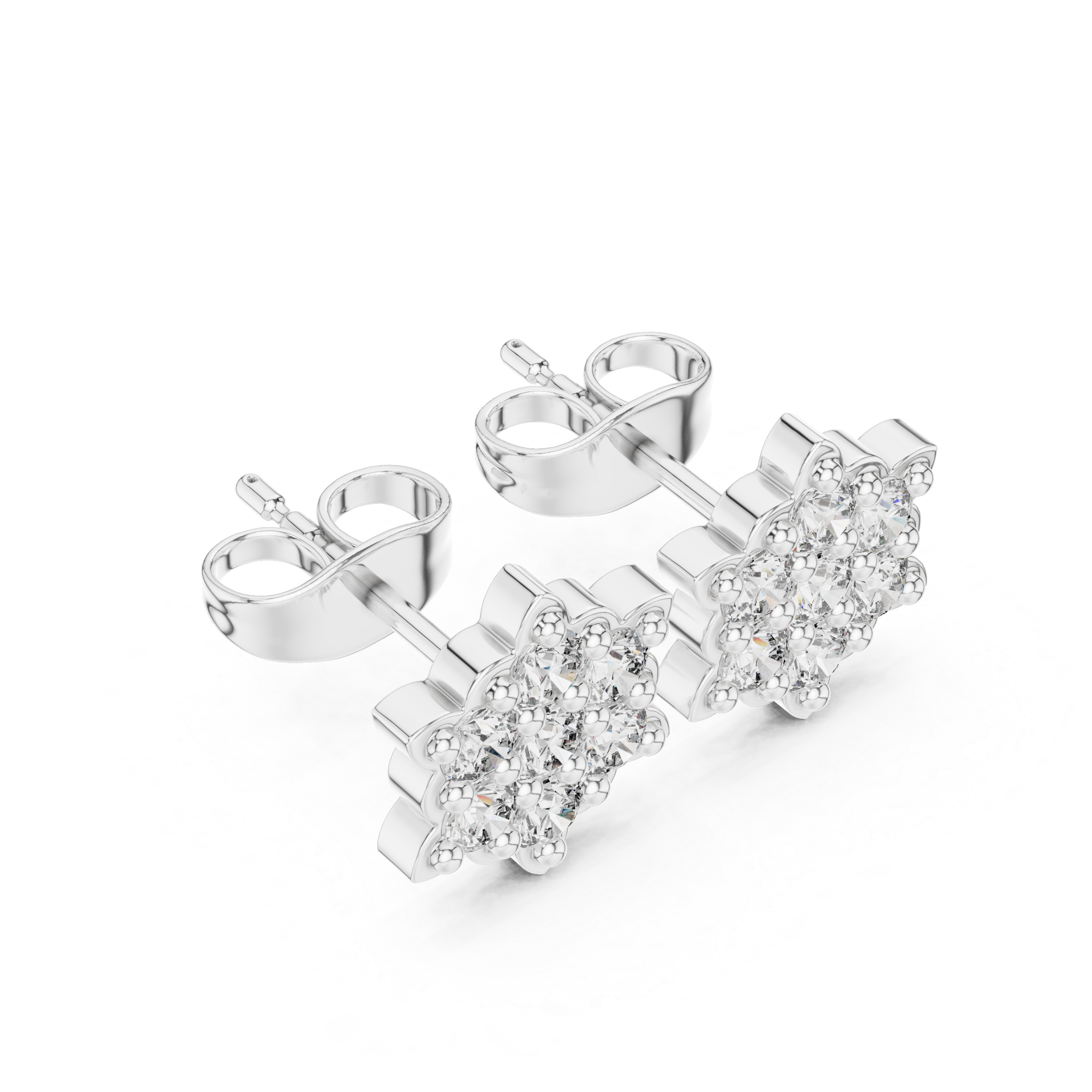 Round Brilliant Diamond Floral Snowflake Cluster Collet Set Classic Stud Earrings