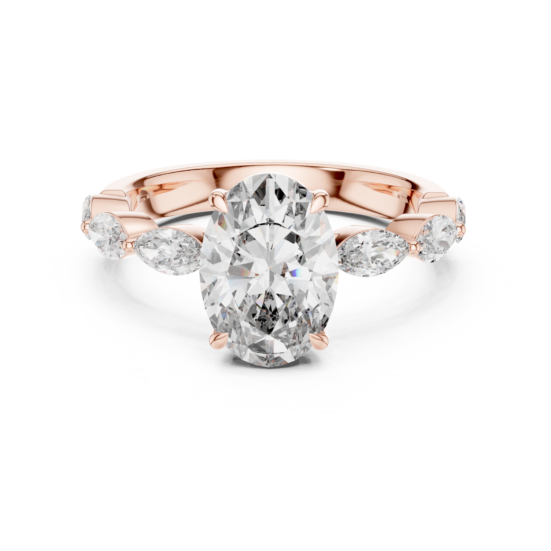 Oval Cut Diamond Solitaire Ring with Marquise Side Stones