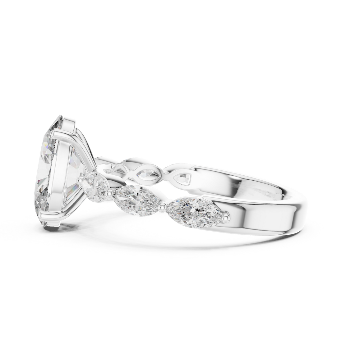 Oval Cut Diamond Solitaire Ring with Marquise Side Stones