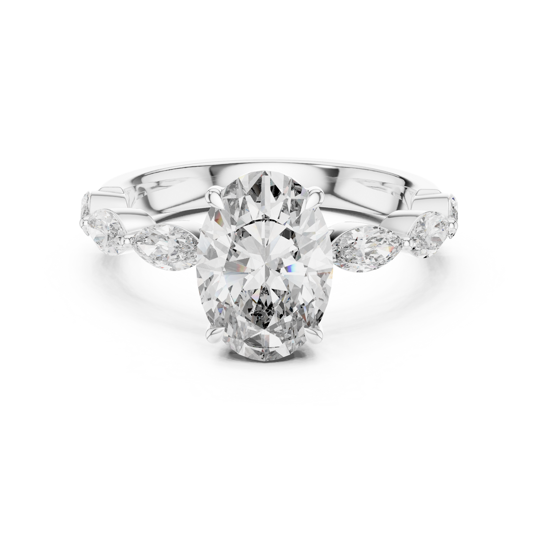 Oval Cut Diamond Solitaire Ring with Marquise Side Stones