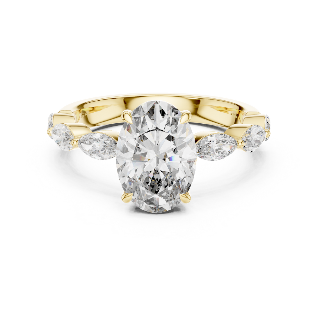 Oval Cut Diamond Solitaire Ring with Marquise Side Stones