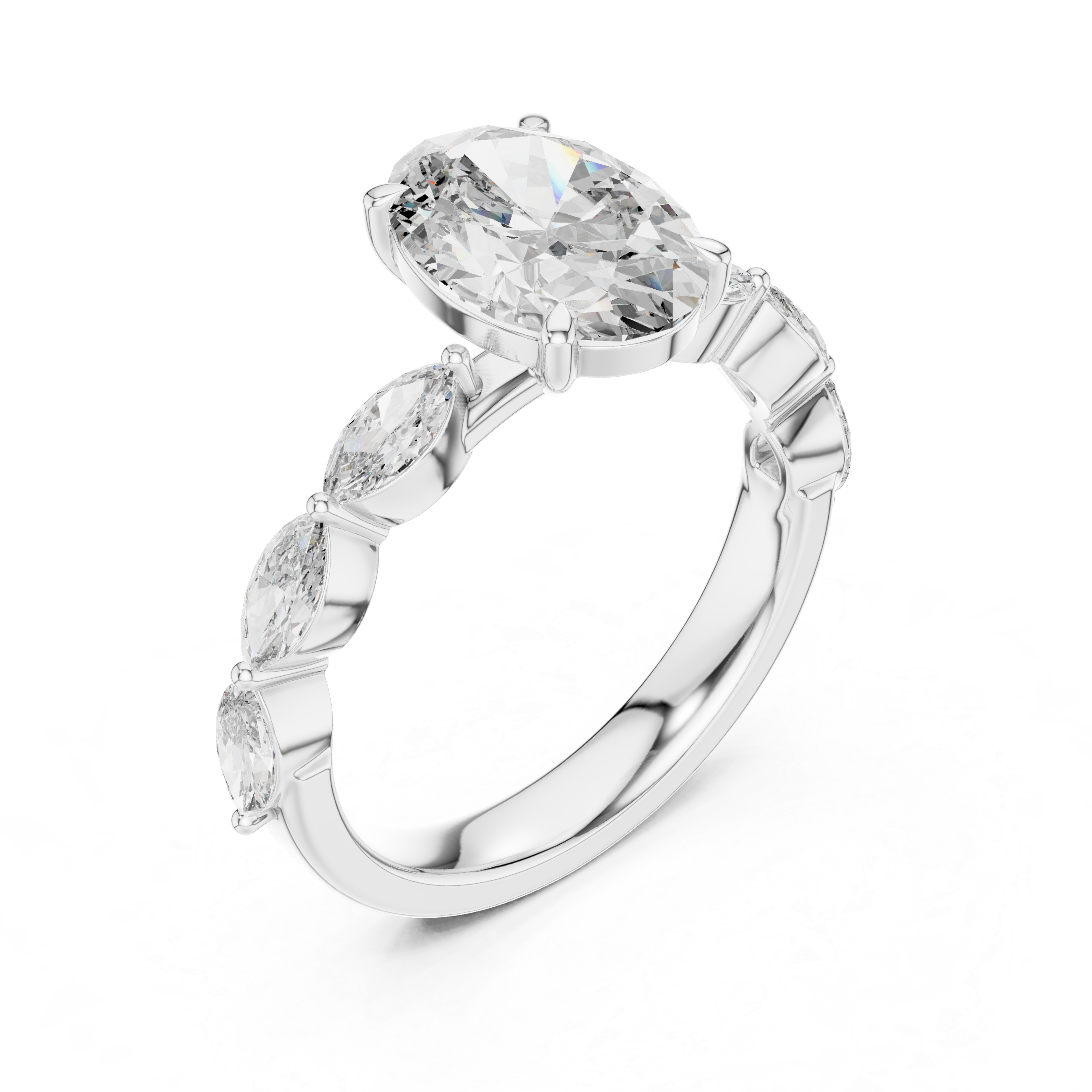 Oval Cut Diamond Solitaire Ring with Marquise Side Stones