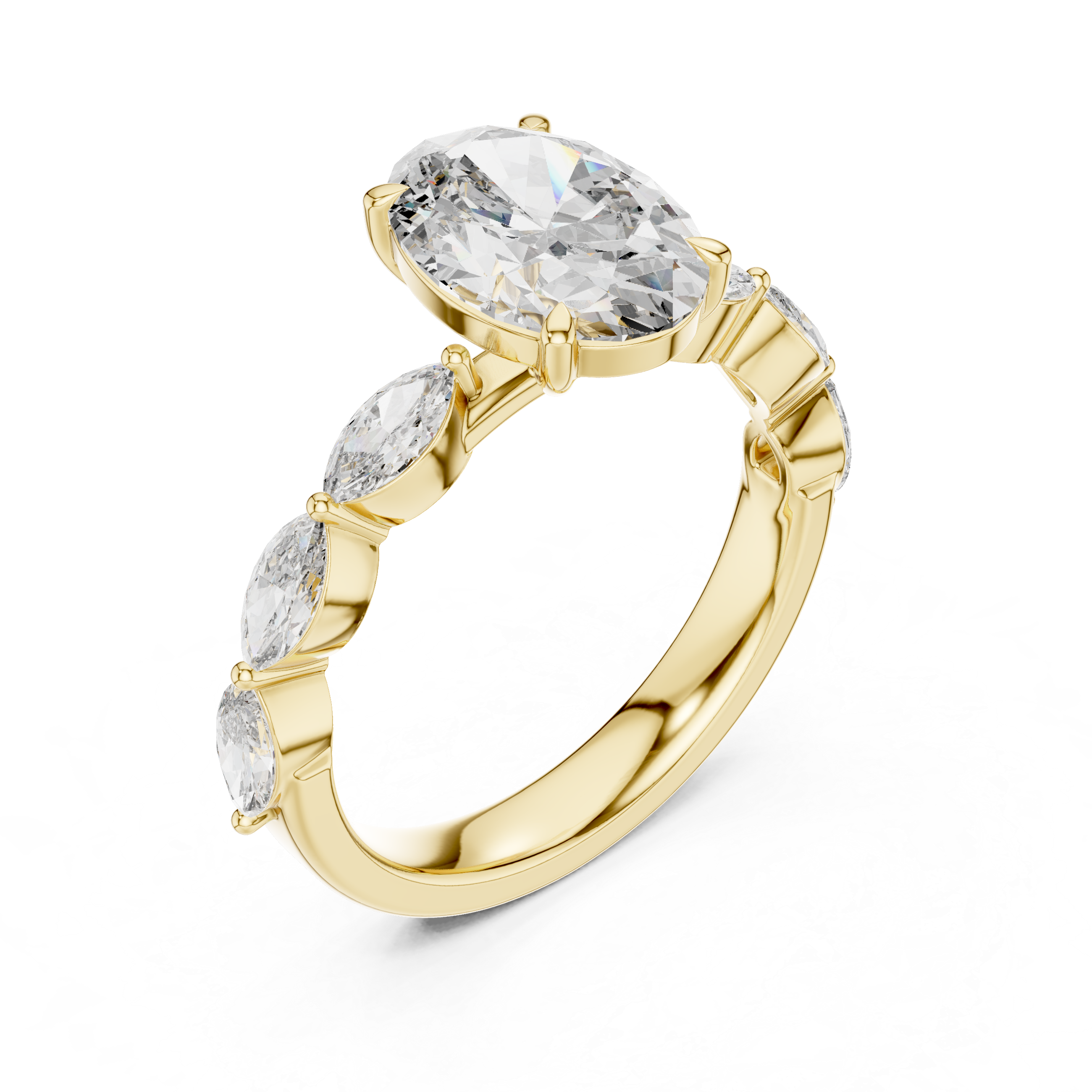 Oval Cut Diamond Solitaire Ring with Marquise Side Stones