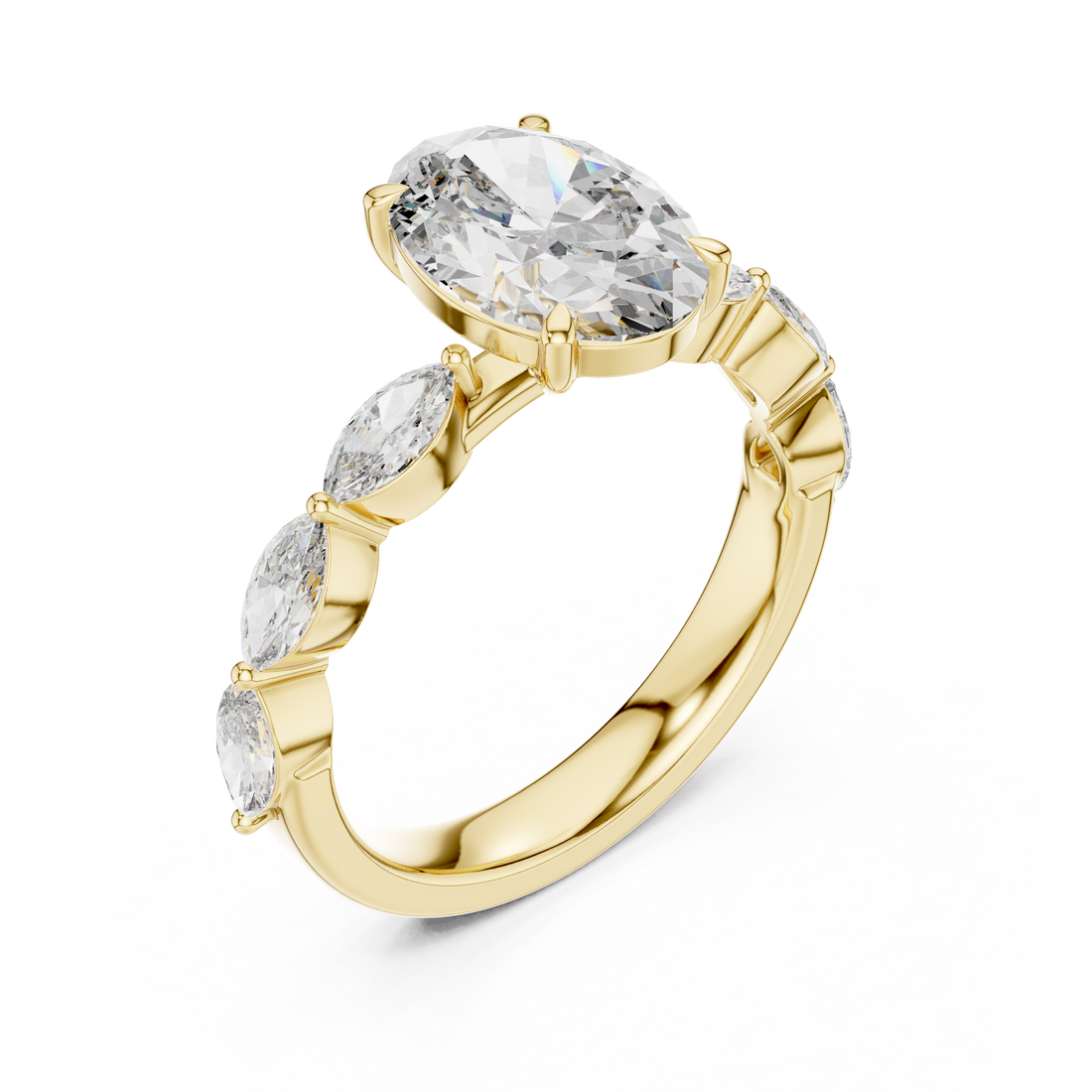 Oval Cut Diamond Solitaire Ring with Marquise Side Stones
