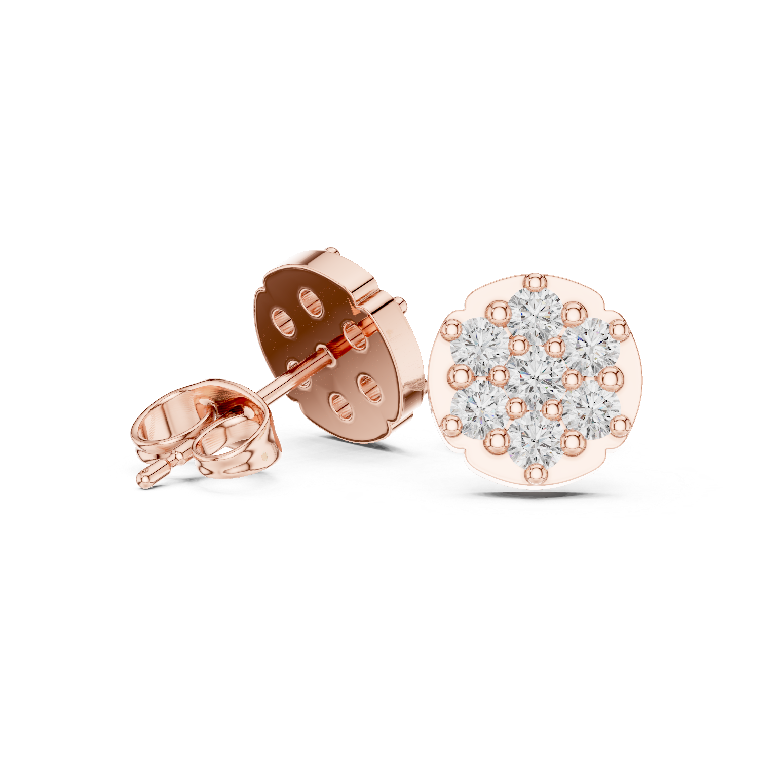 Round Brilliant Diamond Floral Cluster Prong Set Classic Disc Stud Earrings