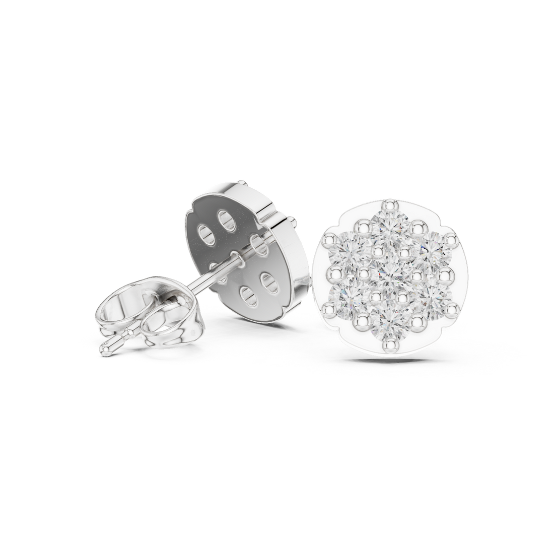 Round Brilliant Diamond Floral Cluster Prong Set Classic Disc Stud Earrings